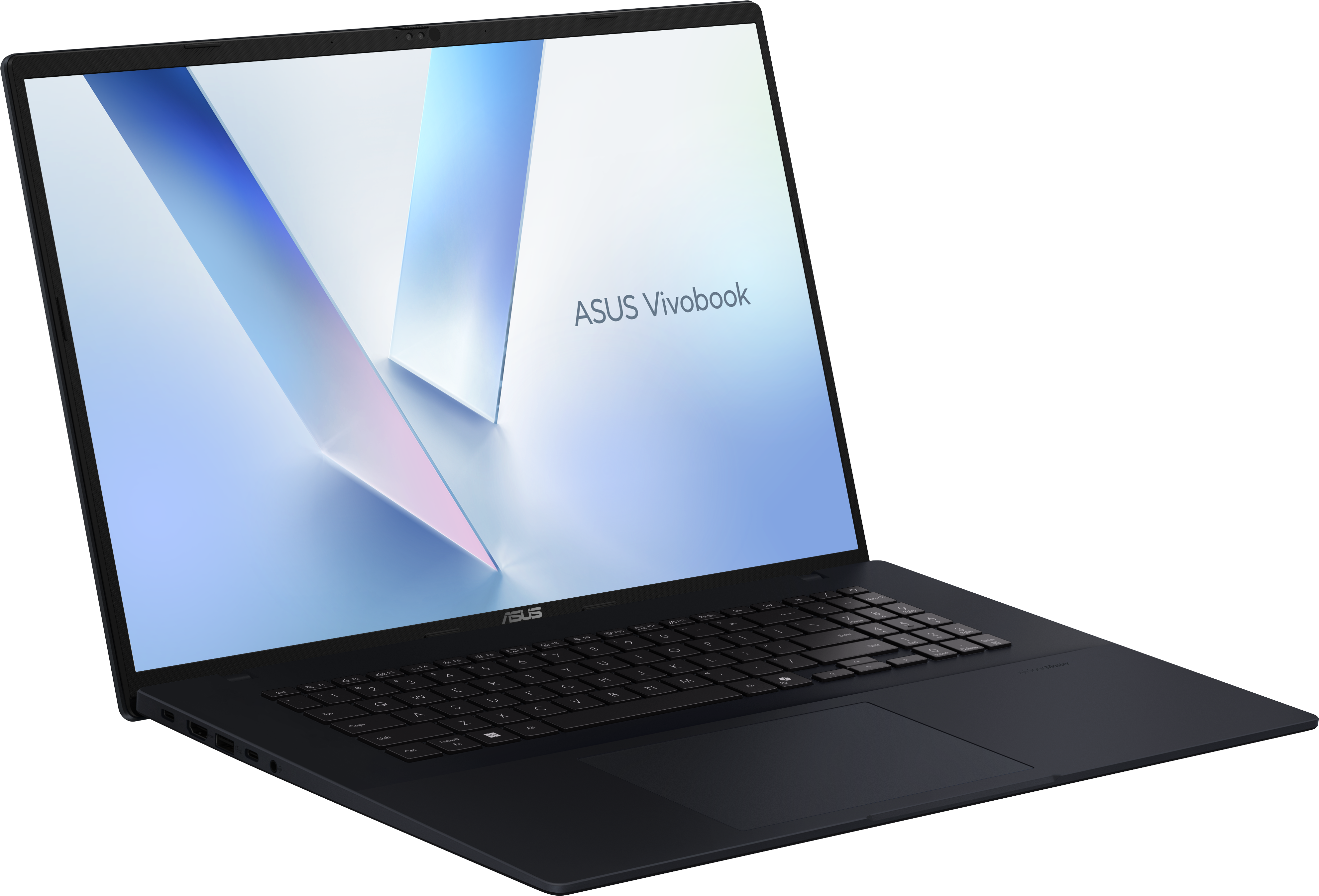 Un laptop ASUS Vivobook nero con schermo blu su sfondo nero.
