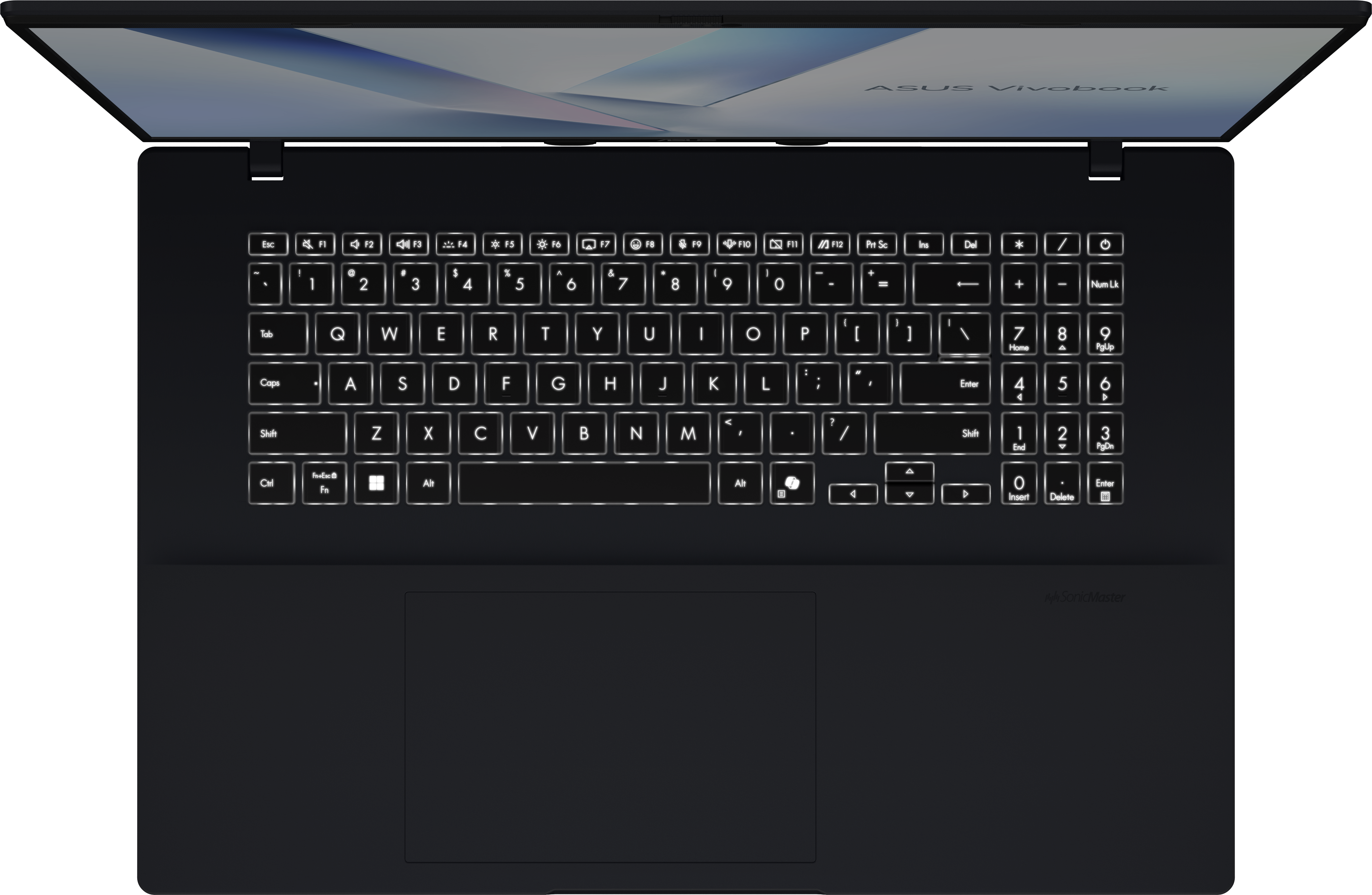 Vista dall'alto di un laptop nero Asus Vivobook con tastiera retroilluminata e tastierino numerico integrato.