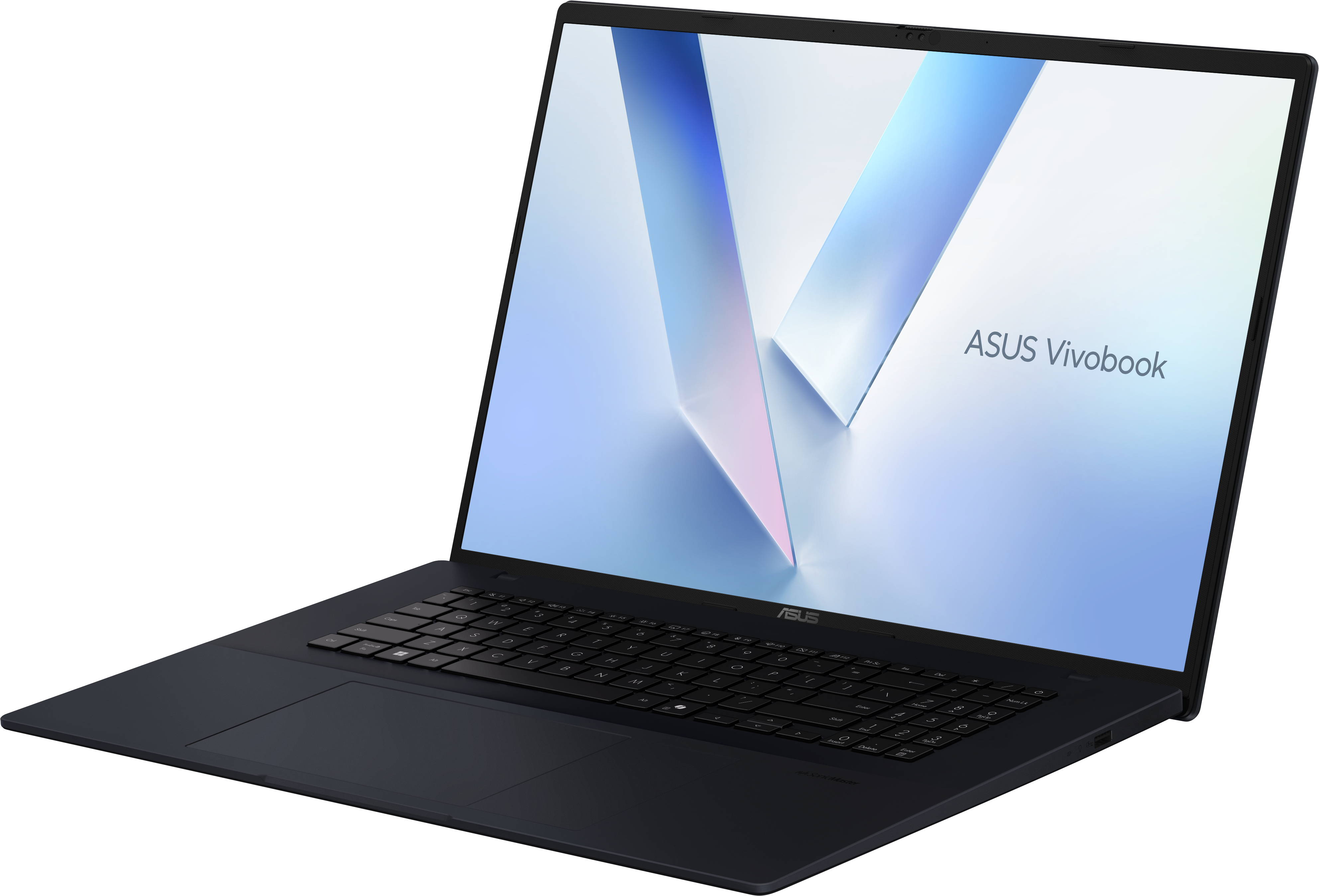 Un laptop ASUS Vivobook nero con schermo blu su sfondo nero.