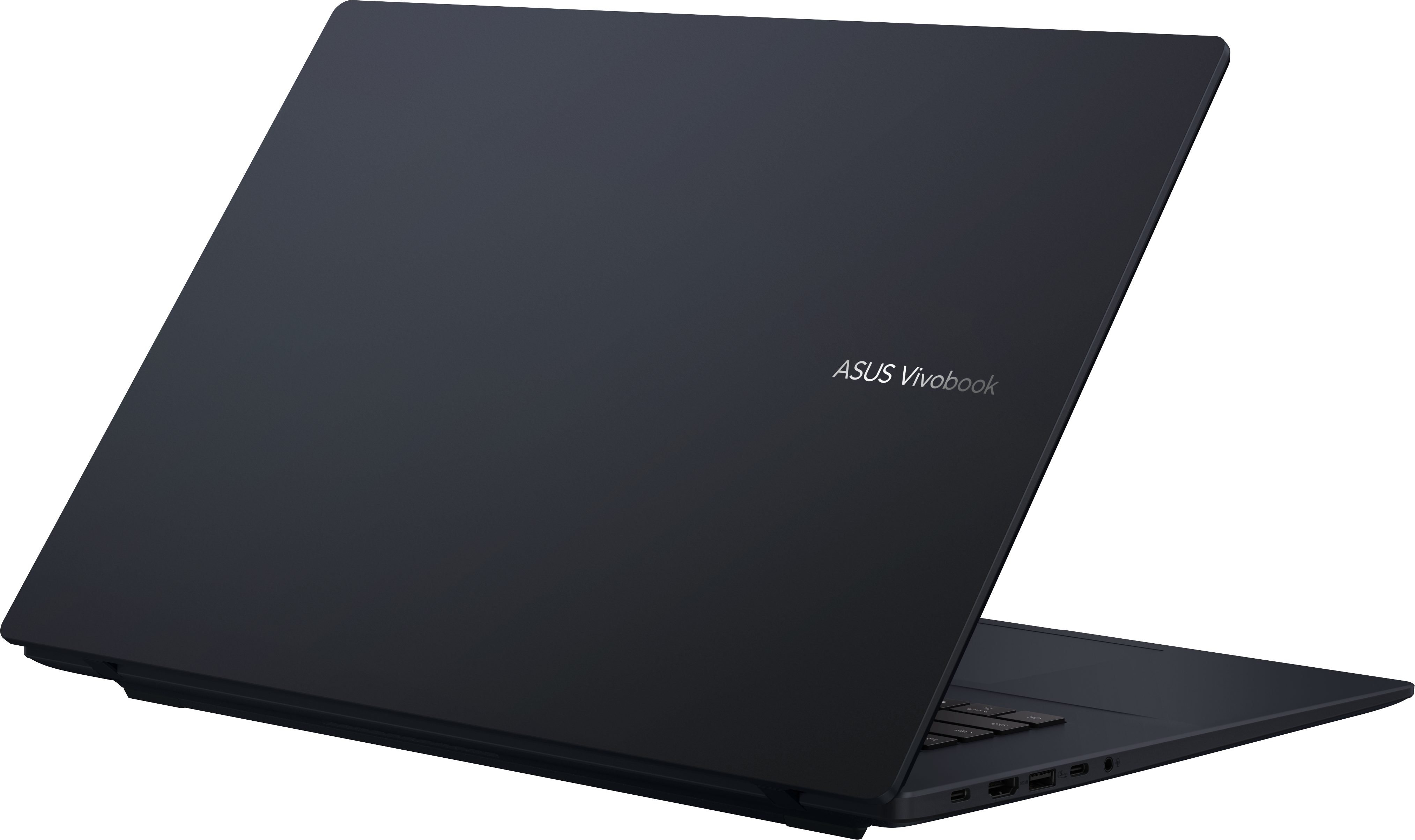 Un computer portatile blu ASUS Vivobook chiuso su sfondo nero con logo visibile.