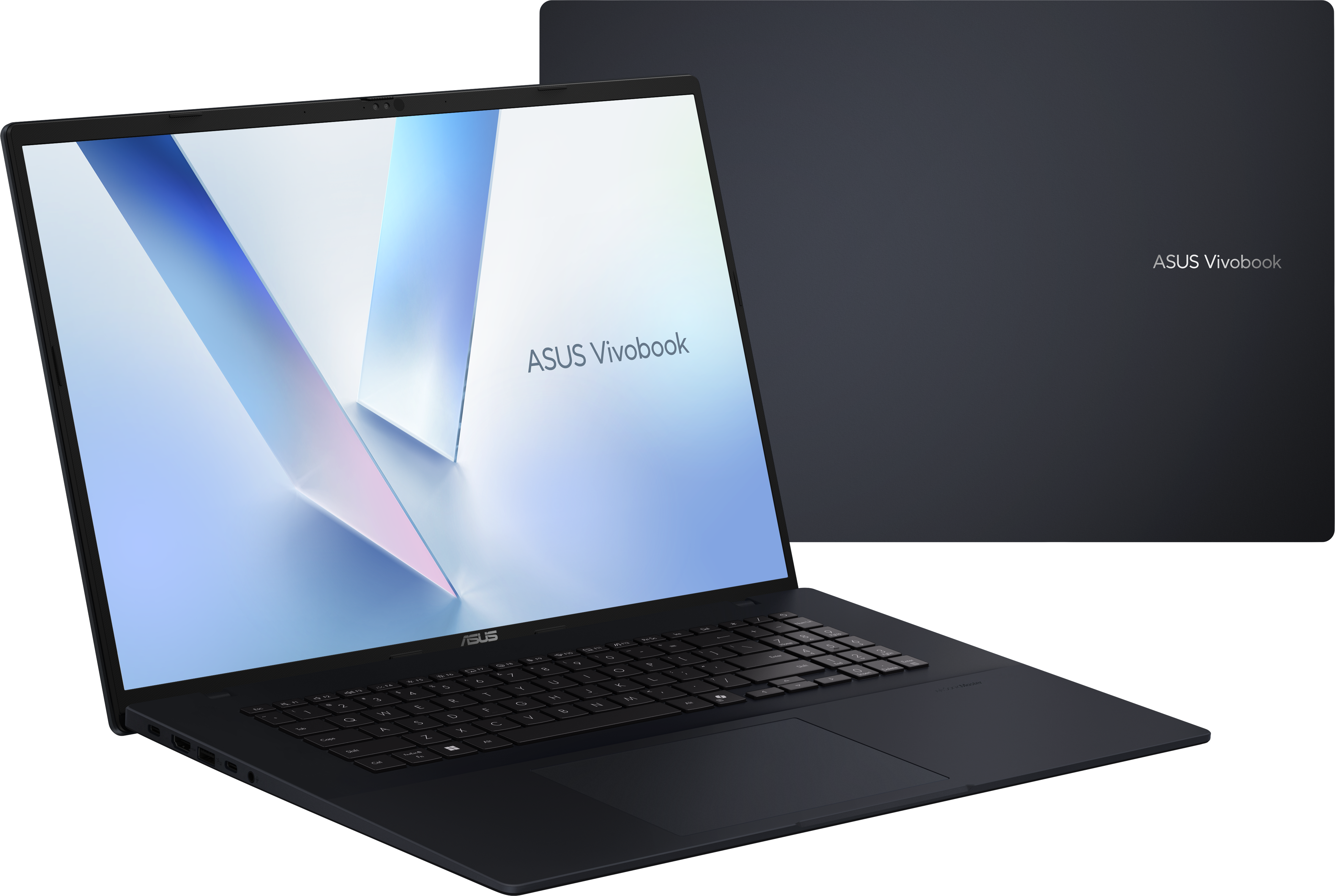 Un laptop ASUS Vivobook nero aperto mostra uno sfondo astratto blu, con il coperchio chiuso visibile sullo sfondo.