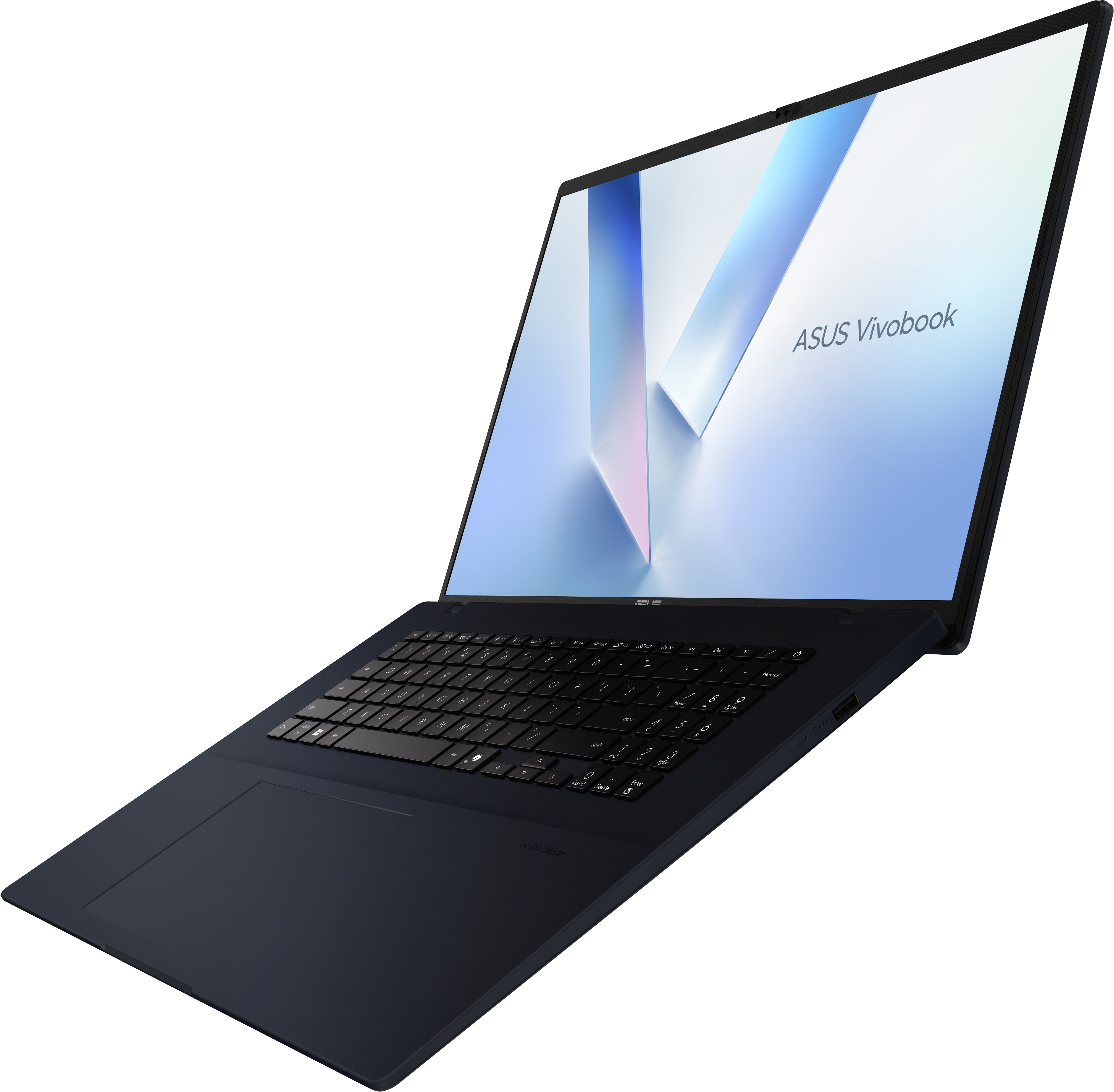 Un laptop ASUS Vivobook nero inclinato su sfondo nero, con uno sfondo astratto azzurro.