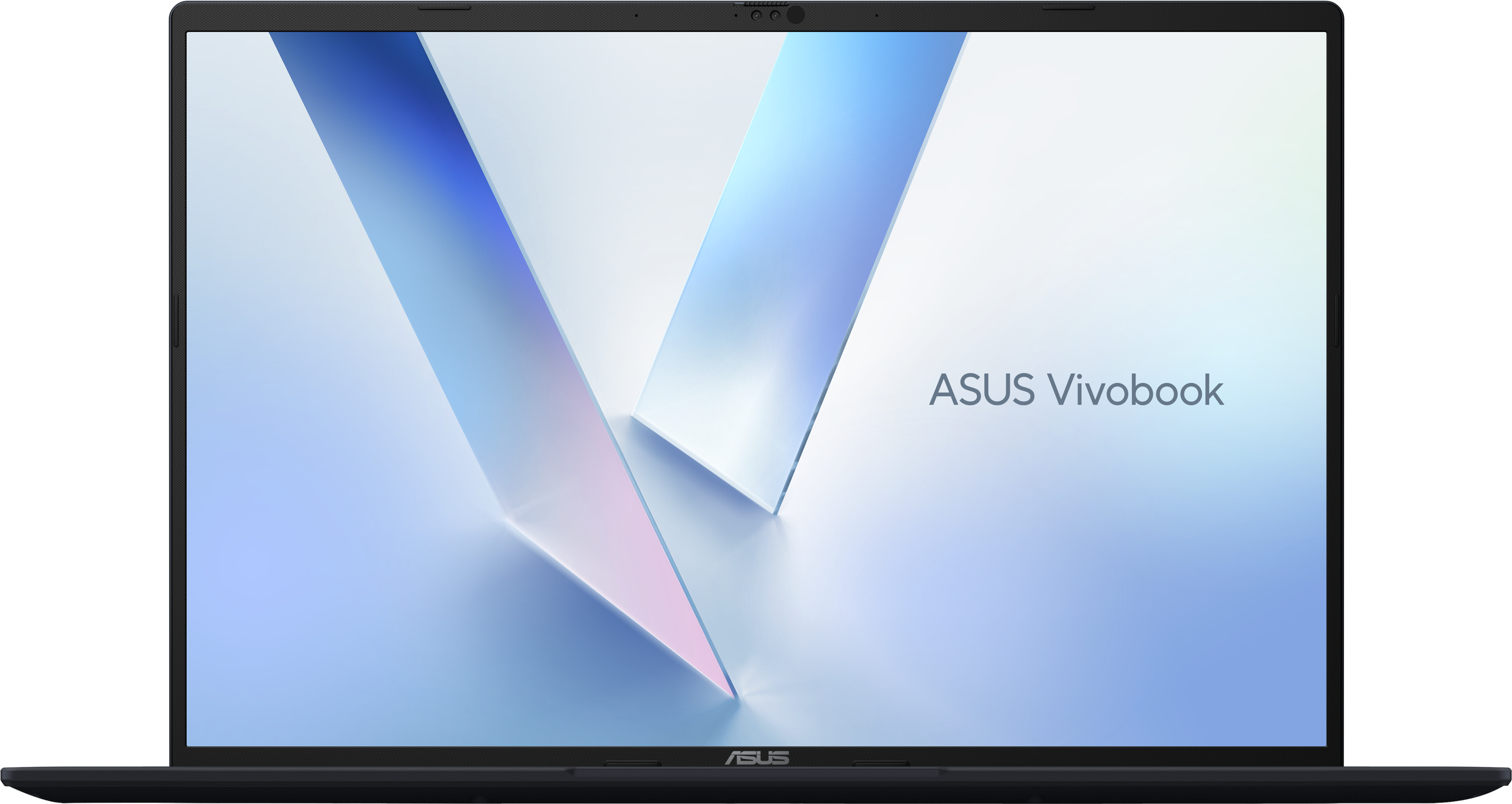Vista frontale di un laptop ASUS Vivobook che mostra uno sfondo geometrico astratto blu e bianco.