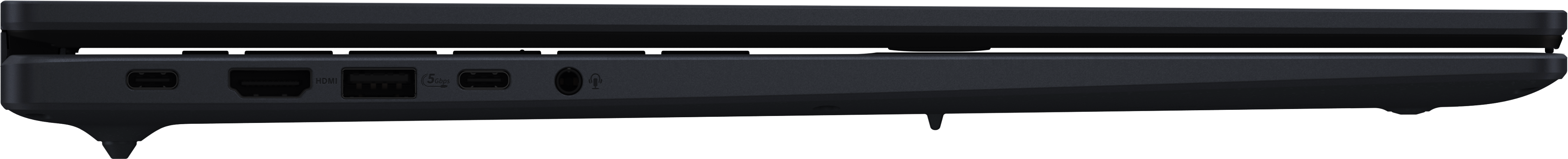 Vista laterale di un laptop chiuso con porte USB, HDMI e audio.