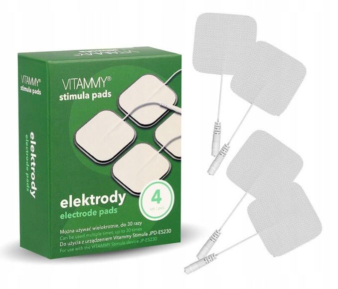 Zielone pudełko z napisem 'Vitammy stimula pads' i cztery białe elektrody obok.