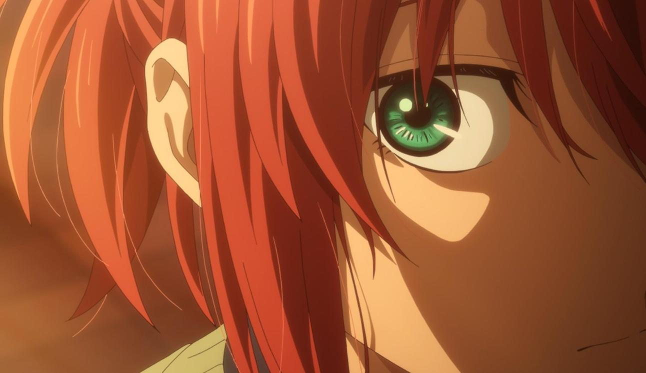 Nahaufnahme eines Anime-Charakters mit langen roten Haaren und einem markanten grünen Auge.