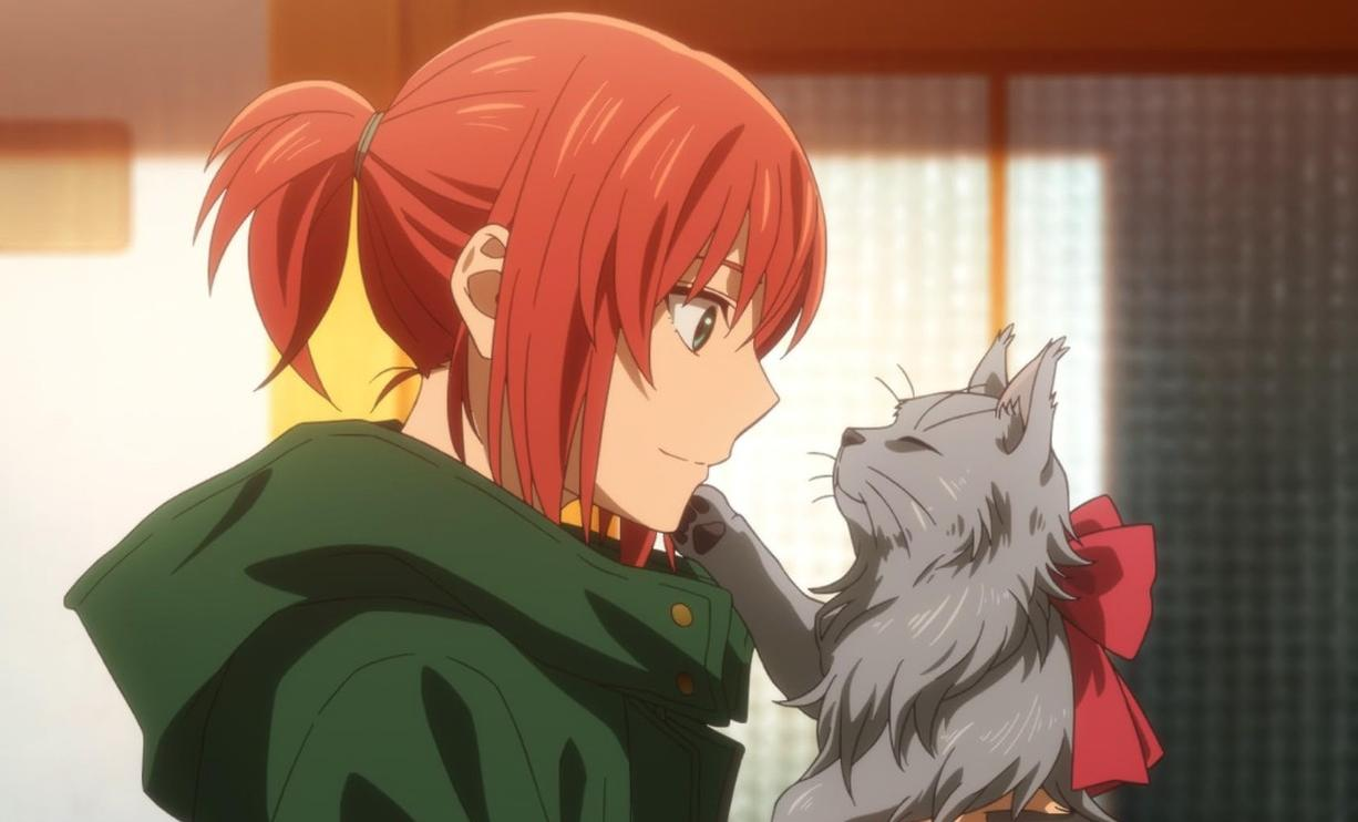 Anime-Frau mit roten Haaren im Zopf lächelt eine flauschige graue Katze mit roter Schleife an.