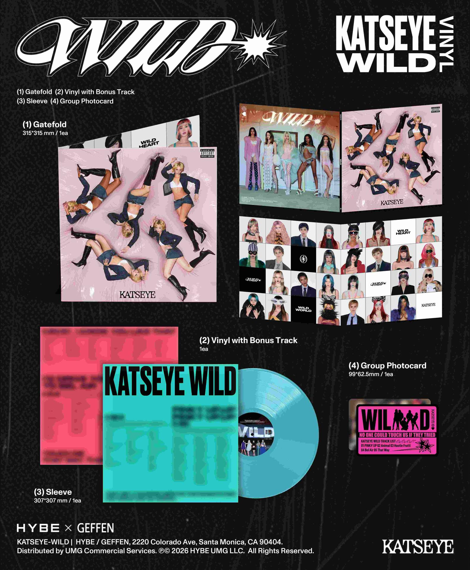 Katseye Wild Vinyl-Set mit Gatefold, Sleeve, farbiger Schallplatte und Fotokarten.