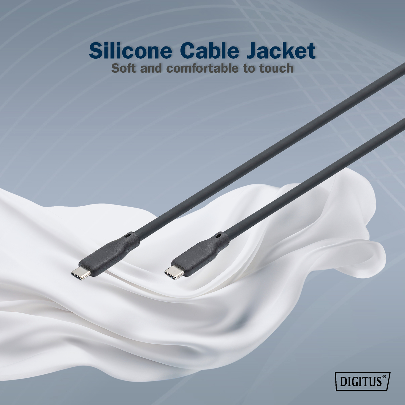 Zwei schwarze USB-C-Kabel liegen auf weißem Stoff vor grauem Hintergrund mit der Aufschrift Silicone Cable Jacket.
