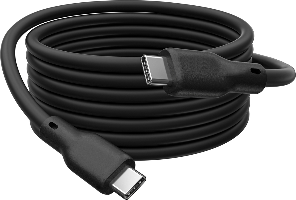 Ein ordentlich aufgerolltes schwarzes USB-C-Kabel mit Steckern an beiden Enden.