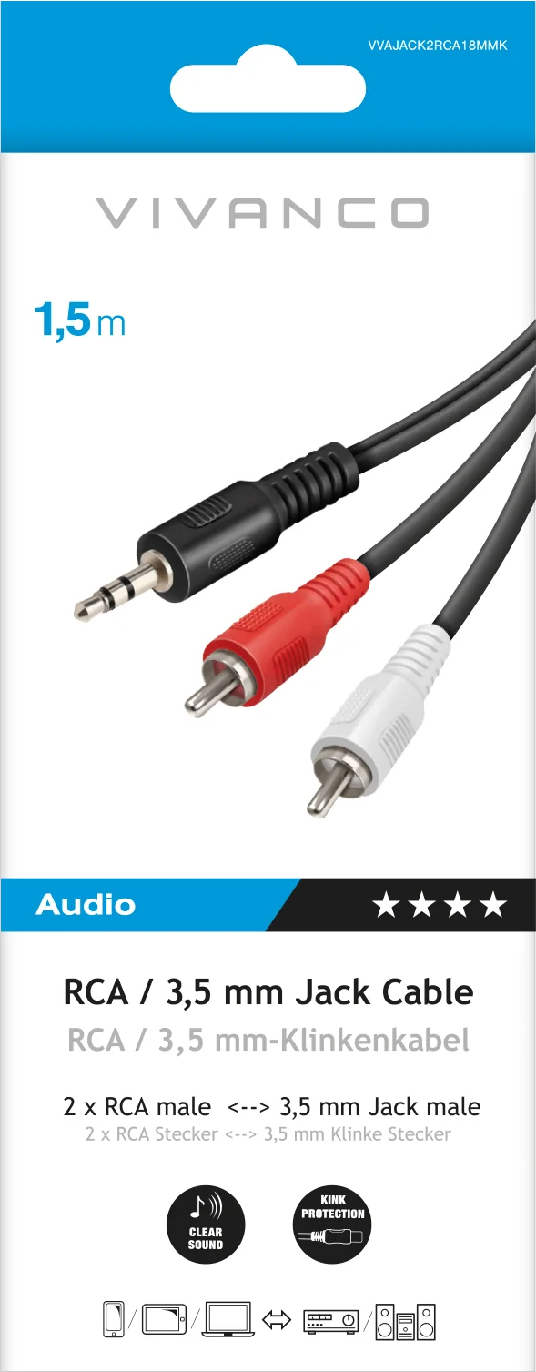 Vivanco 1,5m RCA zu 3,5 mm Klinkenkabel mit einem schwarzen Klinkenstecker und roten und weißen RCA-Steckern.