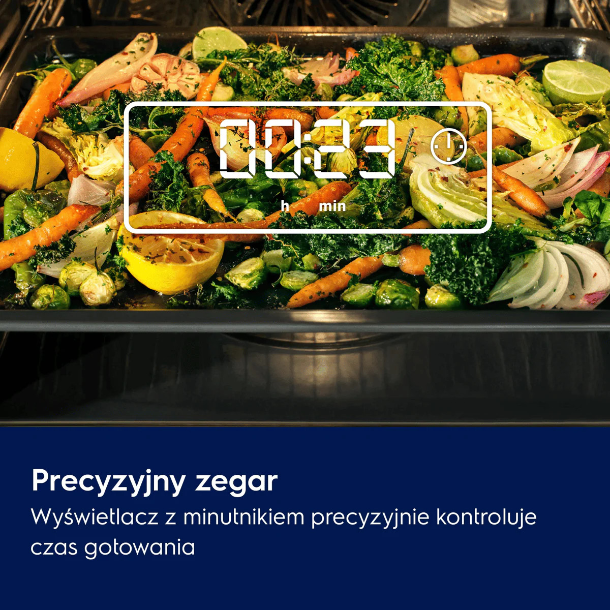 Warzywa i zioła na blasze do pieczenia, cyfrowy timer wskazuje 00:23.