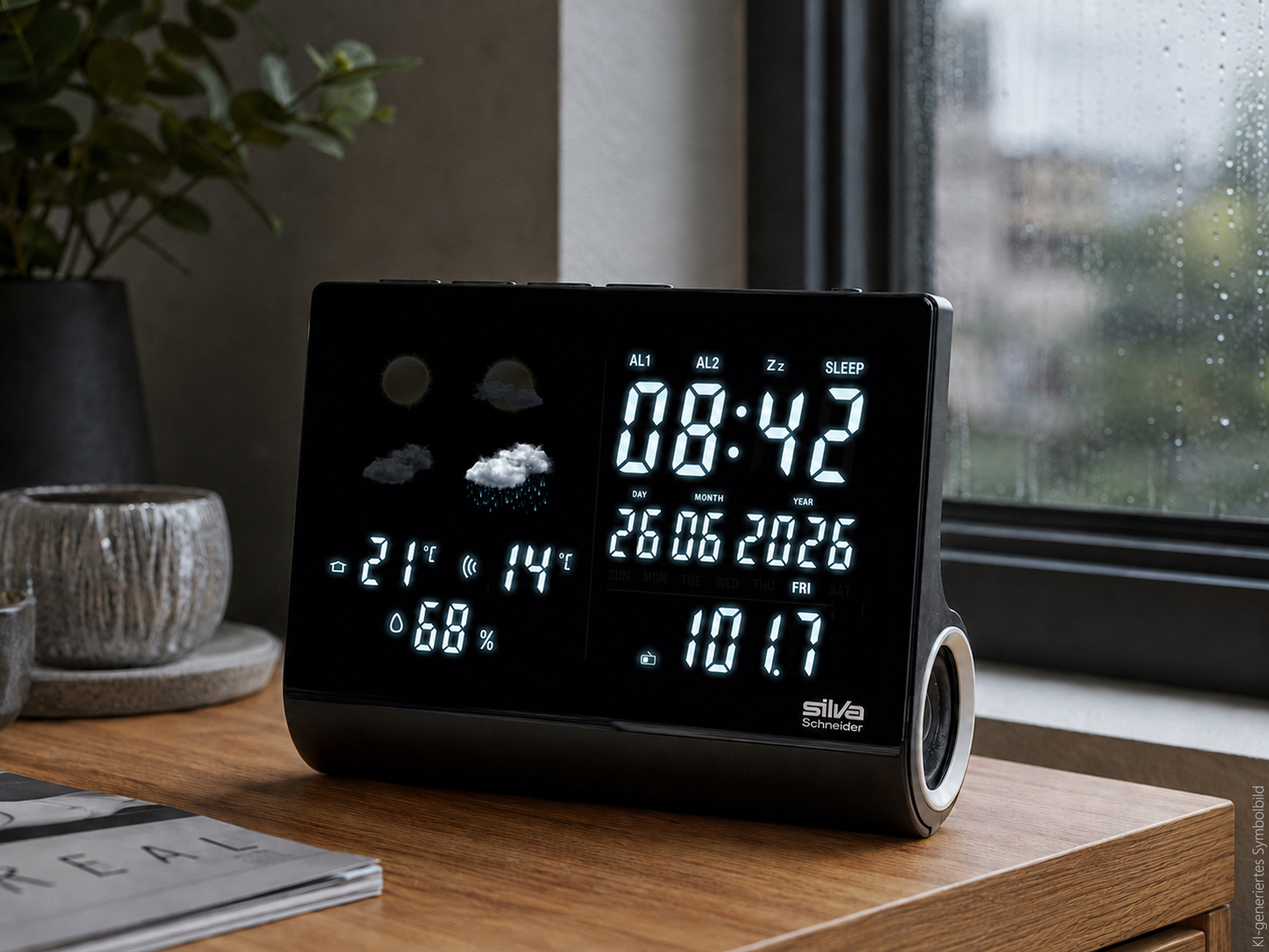 Digitale Wetterstation mit Uhrzeit und Datum auf einem Holztisch vor einem Fenster.