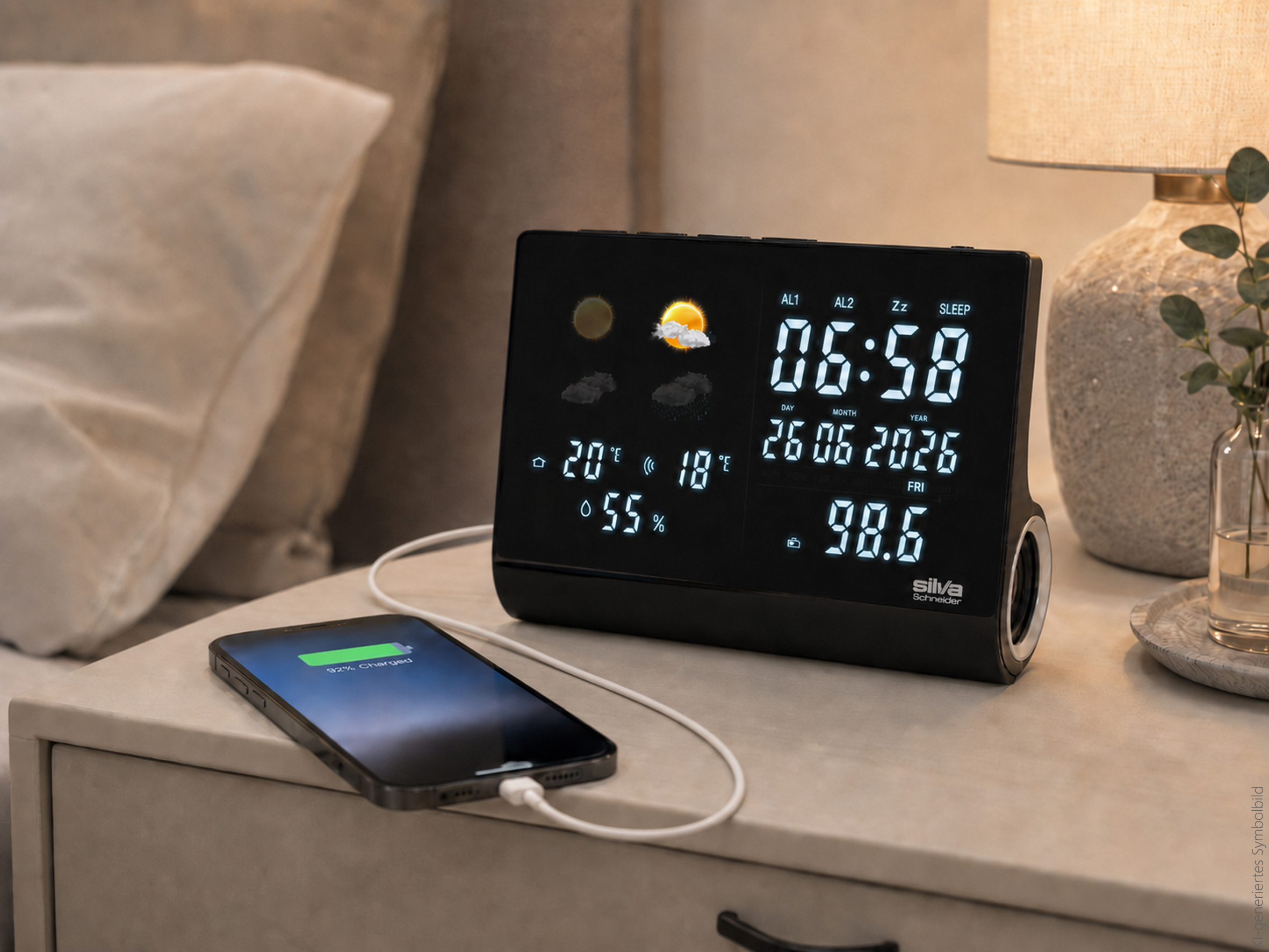 Ein digitaler Wecker mit Wetteranzeige und ein angeschlossenes Smartphone stehen auf einem Nachttisch.