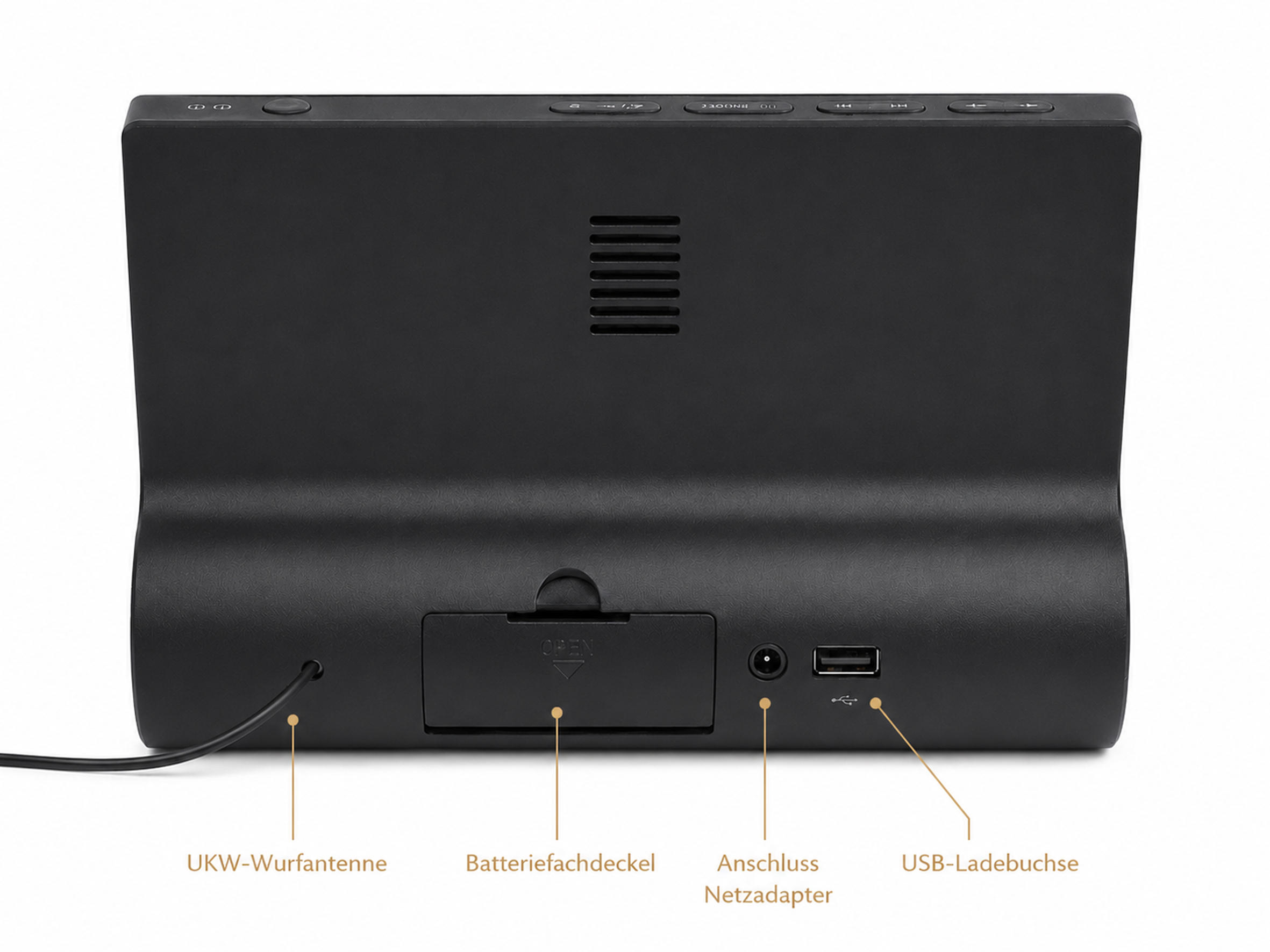 Rückseite eines schwarzen Geräts mit Antenne, Batteriefachdeckel, Netzanschluss und USB-Ladebuchse.