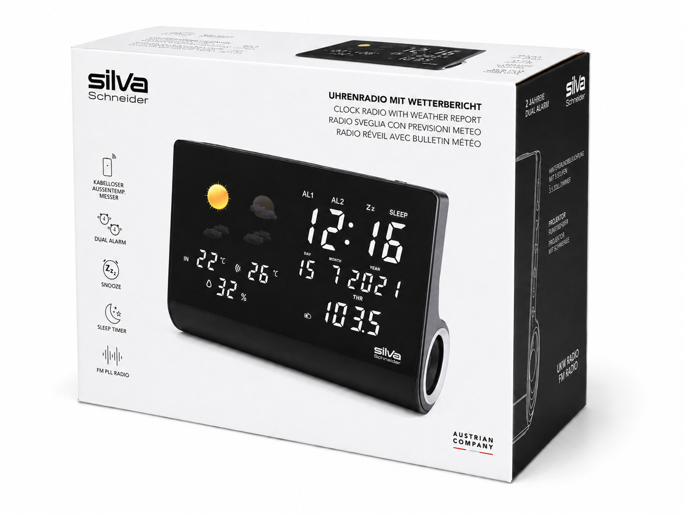 Produktverpackung für Silva Schneider Uhrenradio mit Wetterbericht, mit dem schwarzen Digitalgerät auf der Vorderseite.