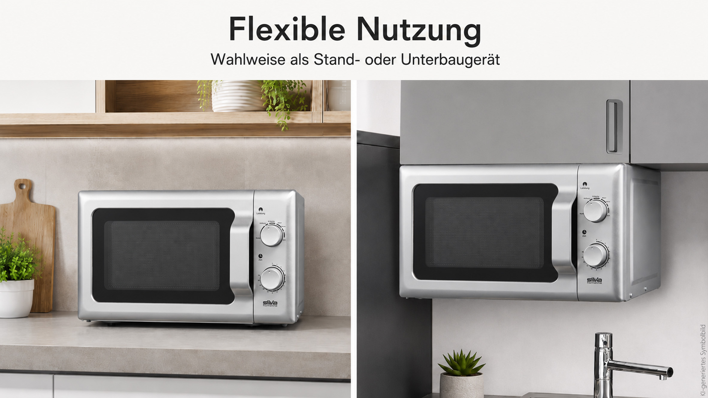 Eine silberne Mikrowelle, links als Standgerät auf einer Arbeitsplatte und rechts als Unterbaugerät montiert.