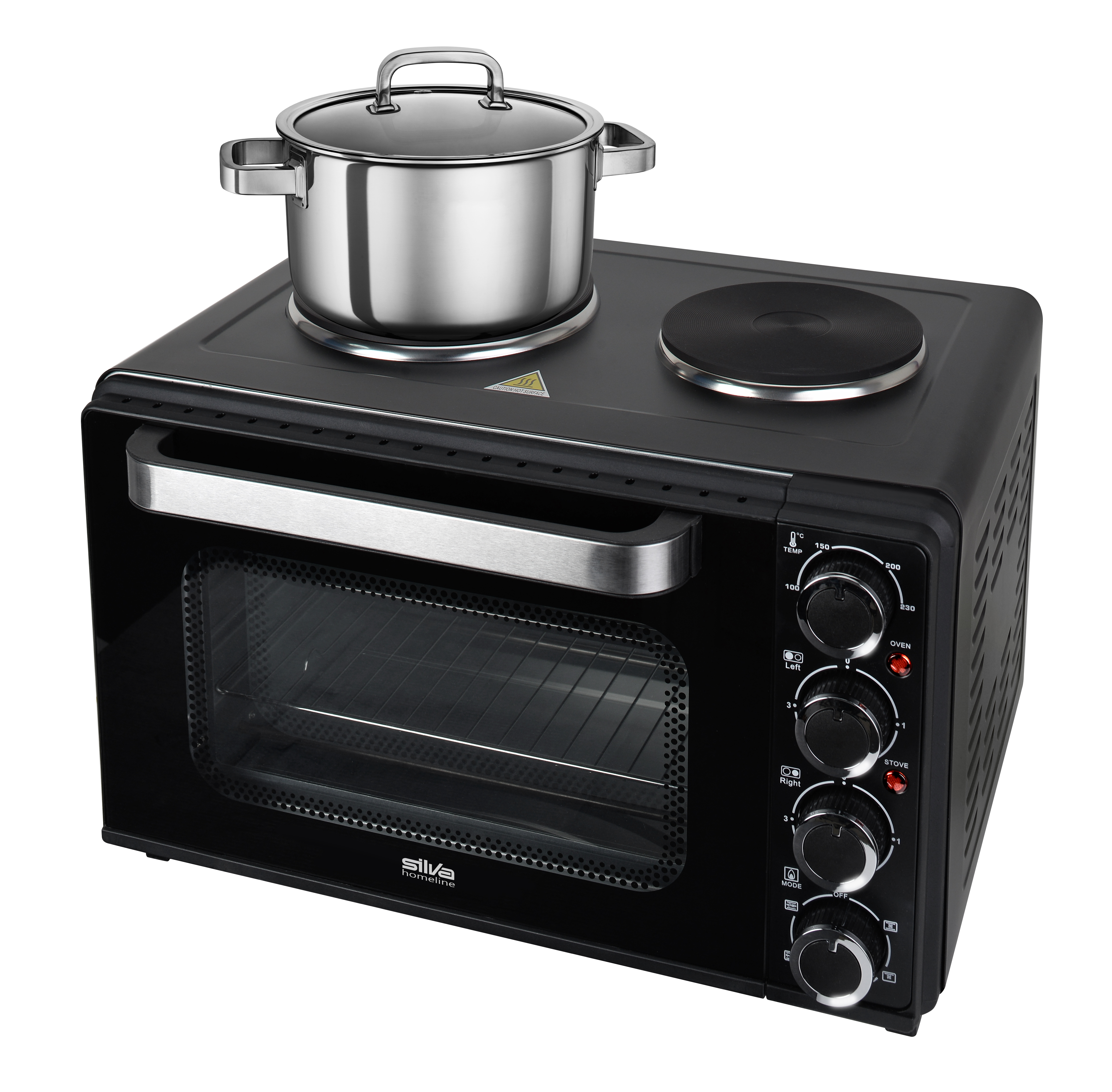 Schwarzer Mini-Backofen mit Doppel-Kochplatte und einem Edelstahl-Topf auf der oberen Fläche.