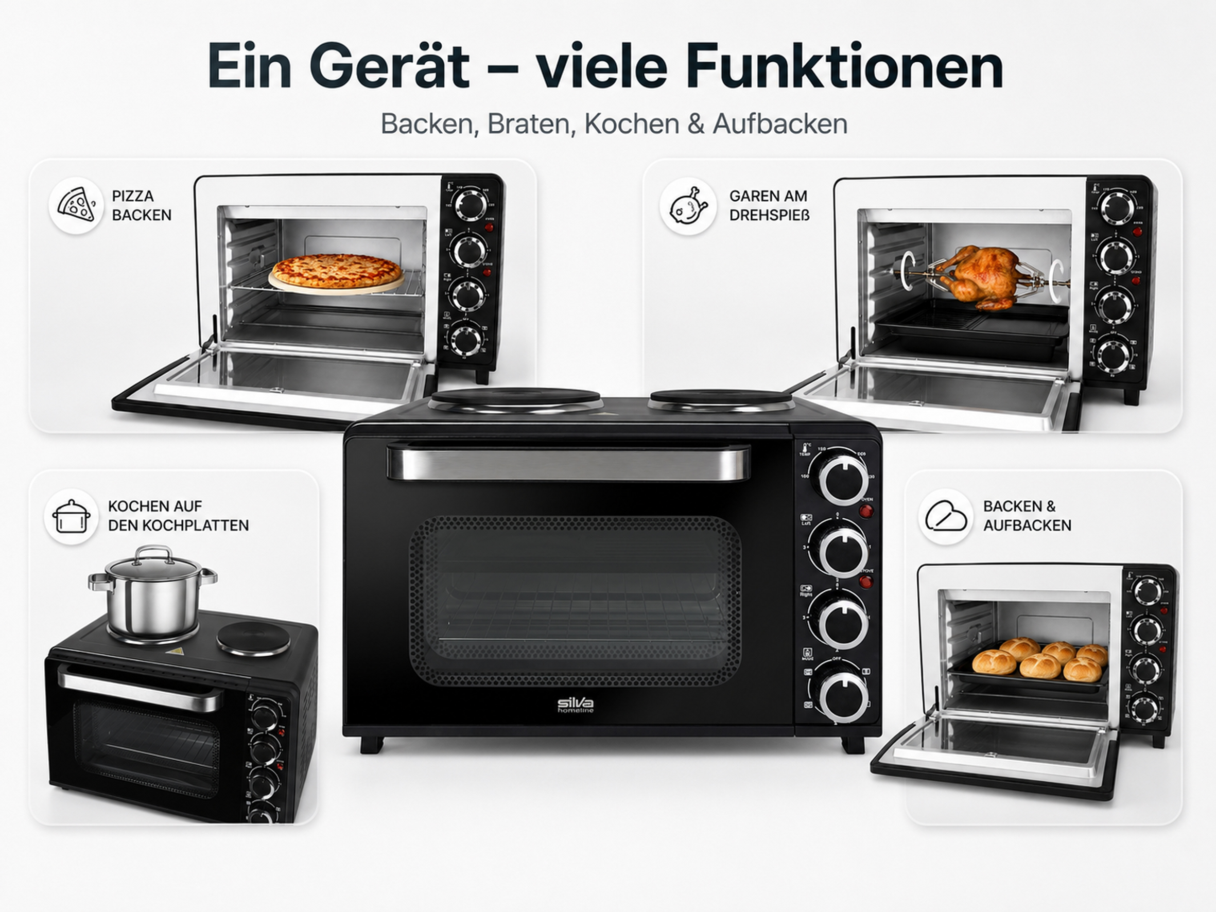 Ein schwarzer Mini-Ofen mit vier verschiedenen Kochfunktionen wie Pizza backen und Braten.