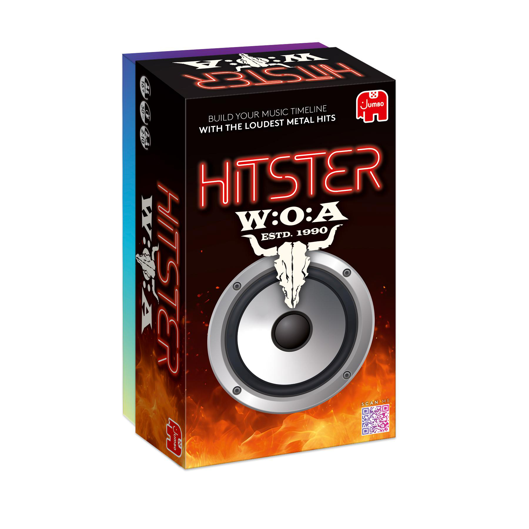 Hitster W:O:A Brettspiel-Box mit Lautsprecher, Totenkopf und Flammen.
