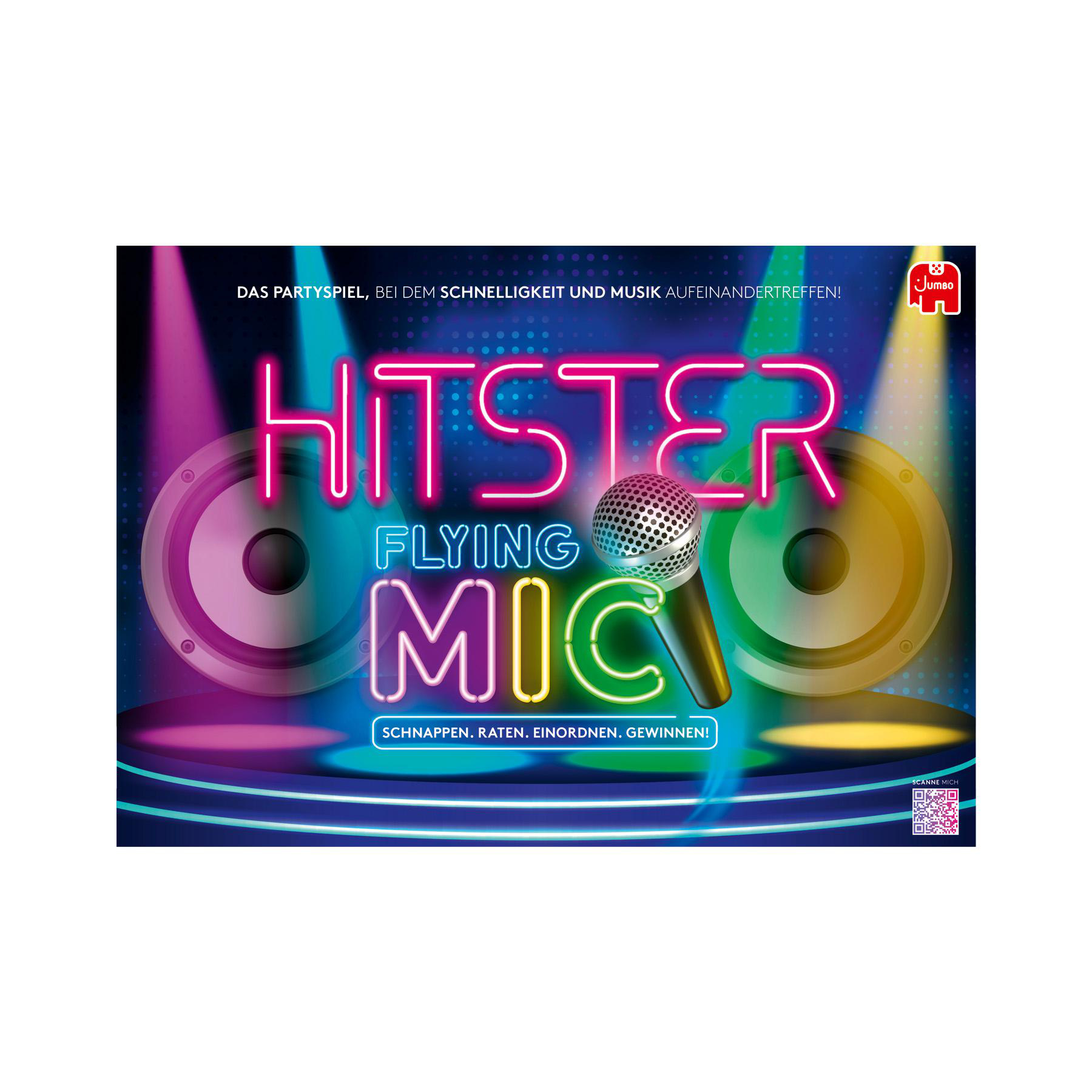 Buntes Partyspiel-Cover mit leuchtender Neon-Schrift, Lautsprechern, Scheinwerfern und Mikrofon.