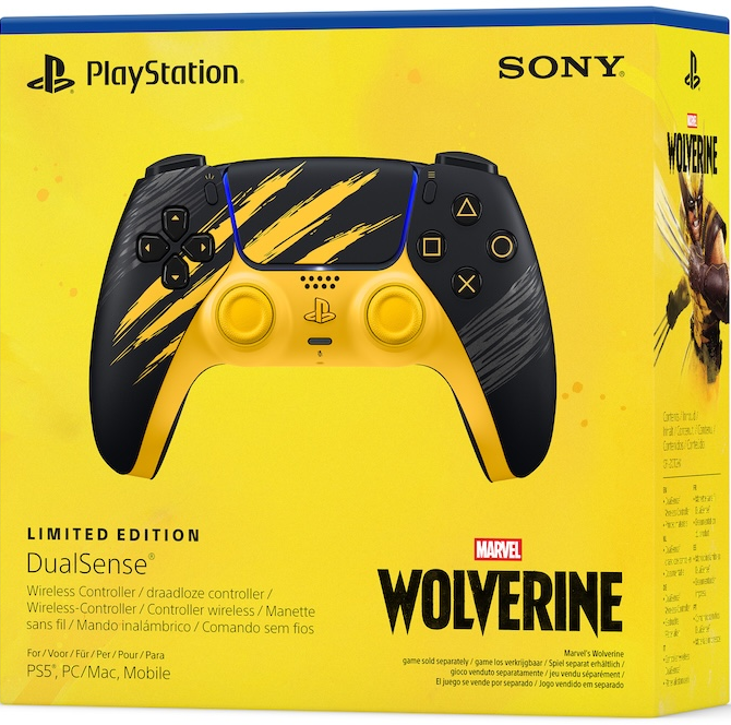 Gelbe PlayStation 5 DualSense Wireless-Controller-Verpackung mit Wolverine-Thema.