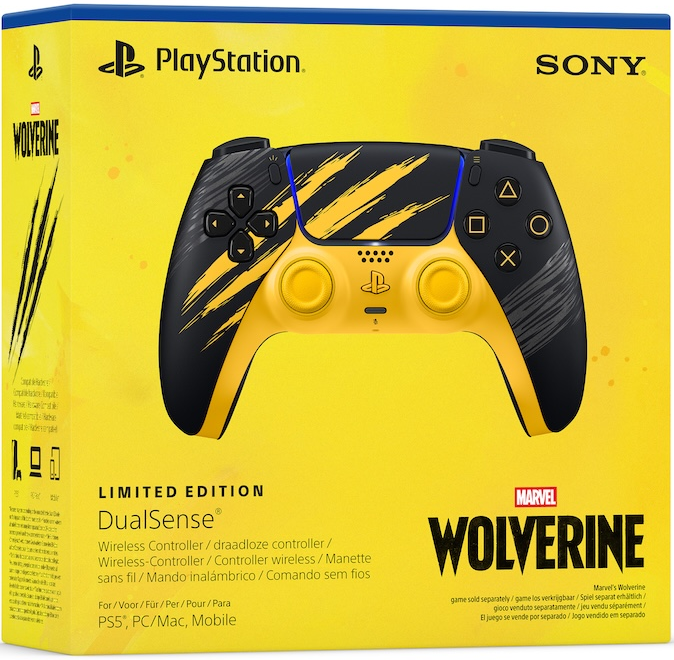 Gelbe PlayStation 5 DualSense Wireless-Controller-Verpackung mit Wolverine-Thema und Controller.