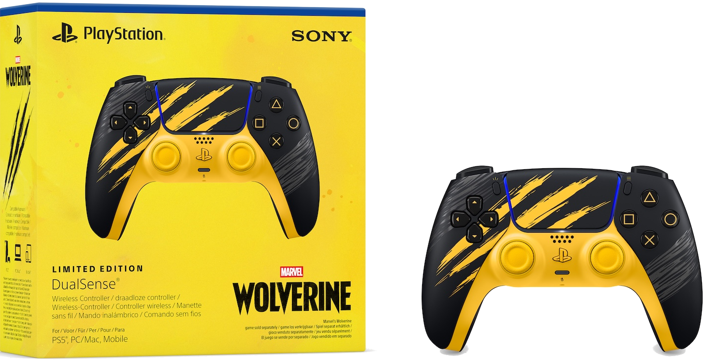 Gelb-schwarzer PlayStation 5 DualSense Controller im Marvel Wolverine Design vor passender Verpackung.
