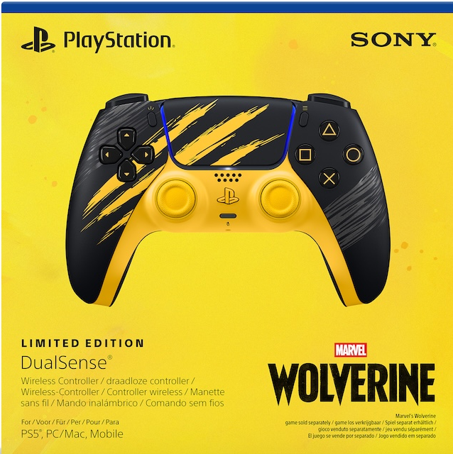 Limited Edition DualSense Wireless Controller im Wolverine-Design mit gelben und schwarzen Kratzmustern vor gelbem Hintergrund.