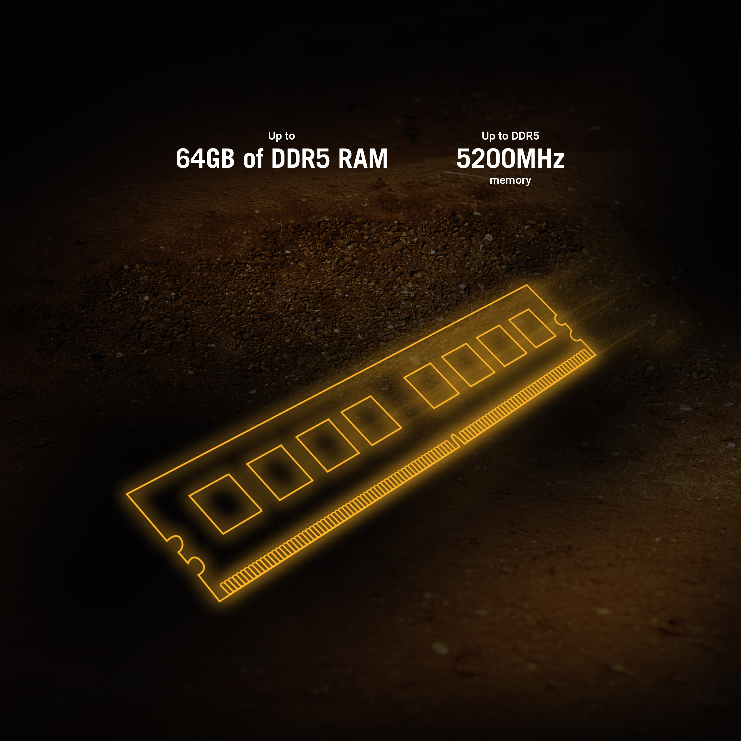 Glowing DDR5 RAM stick with text: Up to 64GB and 5200MHz against a dark background.