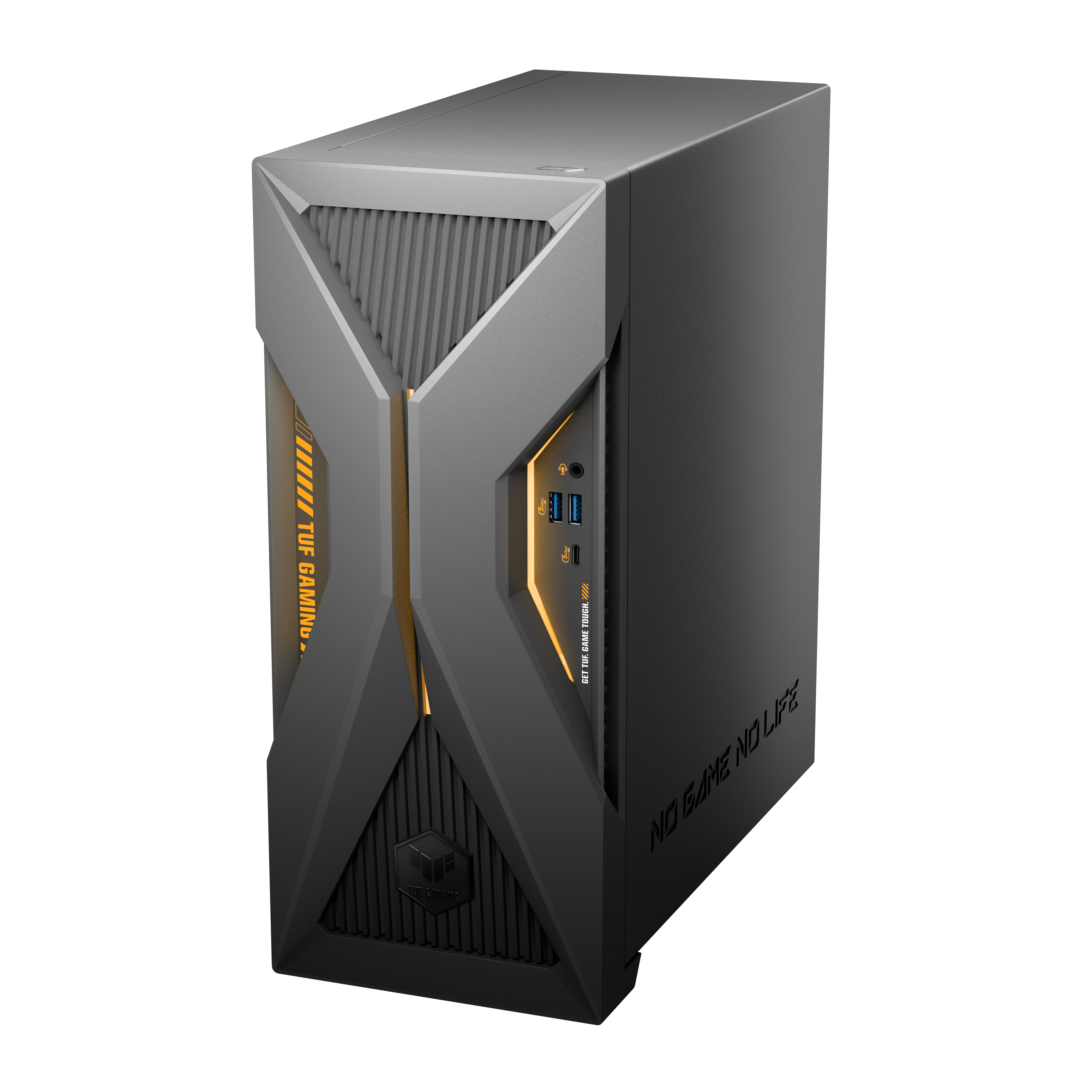 A black and grey ASUS TUF Gaming desktop PC tower with orange accents and ports on the front.