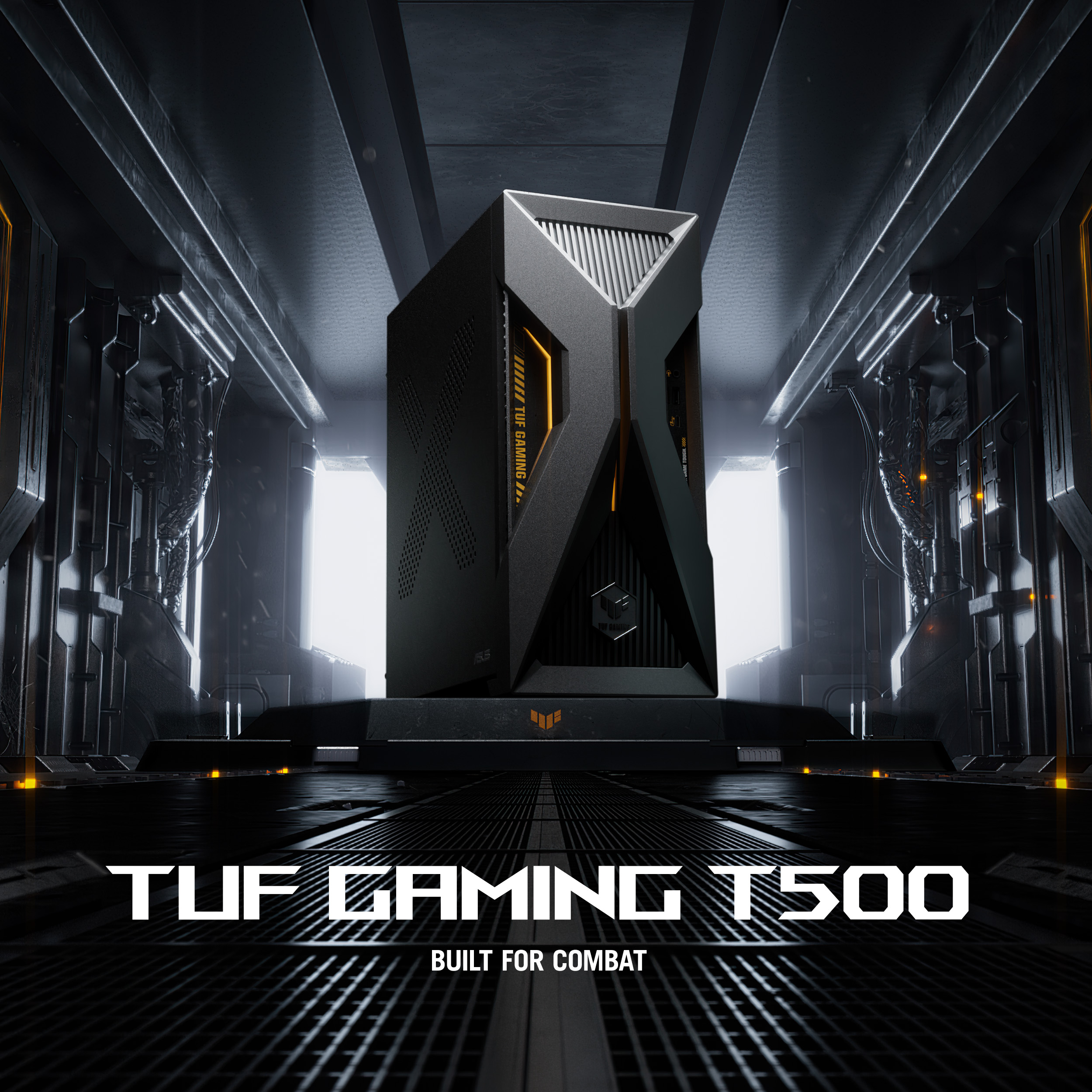 Black TUF Gaming T500 PC on a pedestal in a futuristic, industrial tunnel with yellow accents.