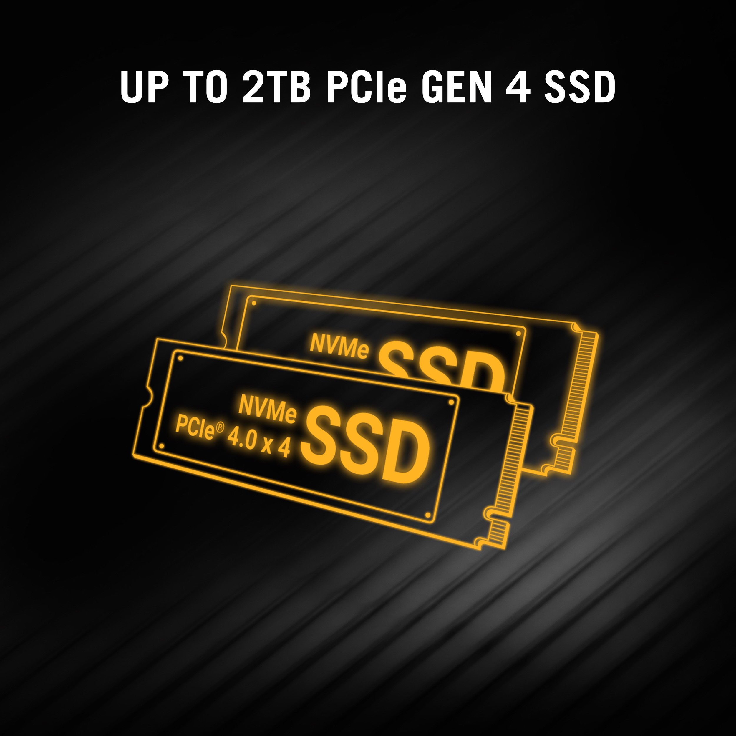 Two glowing orange PCIe Gen 4 NVMe SSDs on a dark striped background with the text 'UP TO 2TB PCIe GEN 4 SSD'.