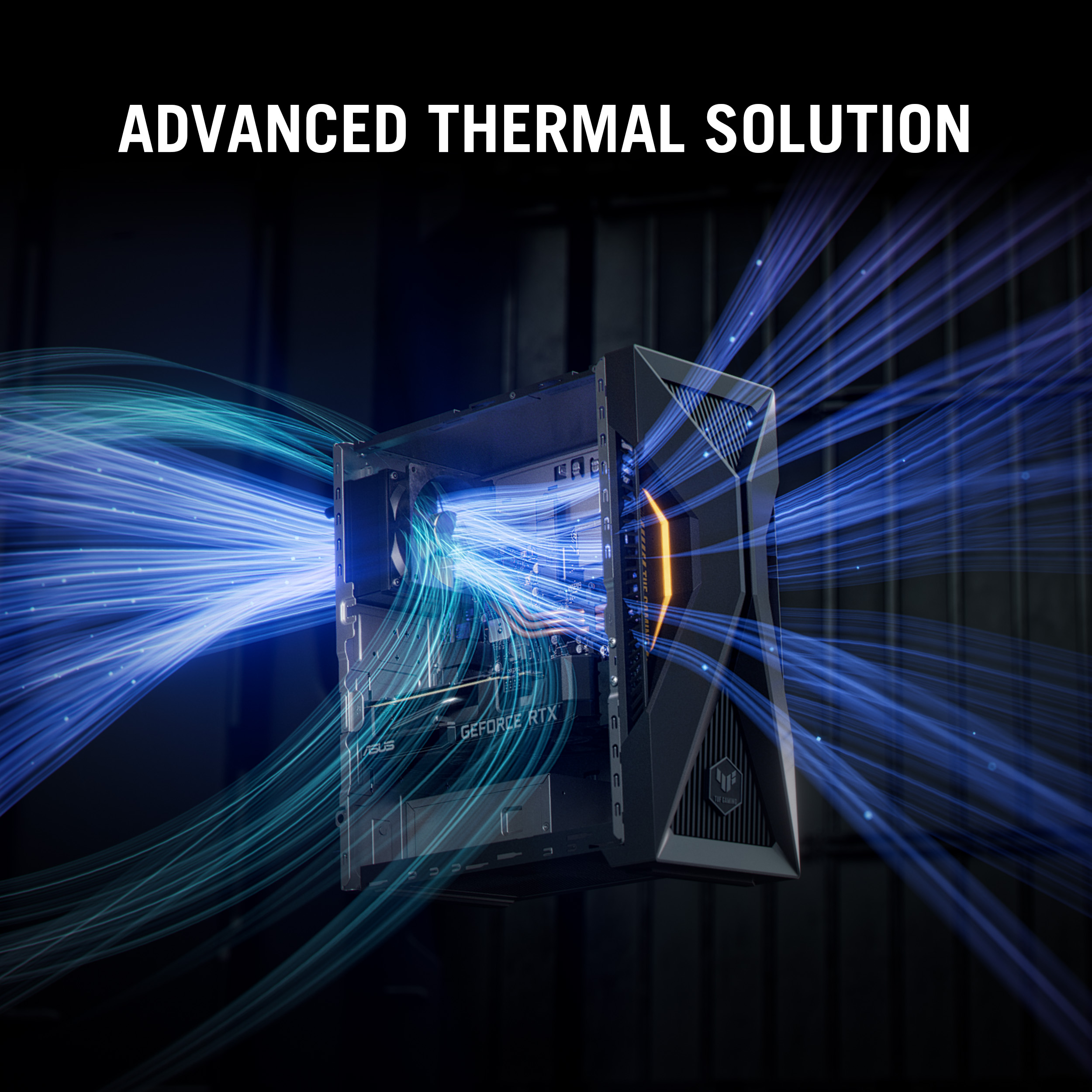 A black PC tower with blue light lines showing airflow, and the text "ADVANCED THERMAL SOLUTION".