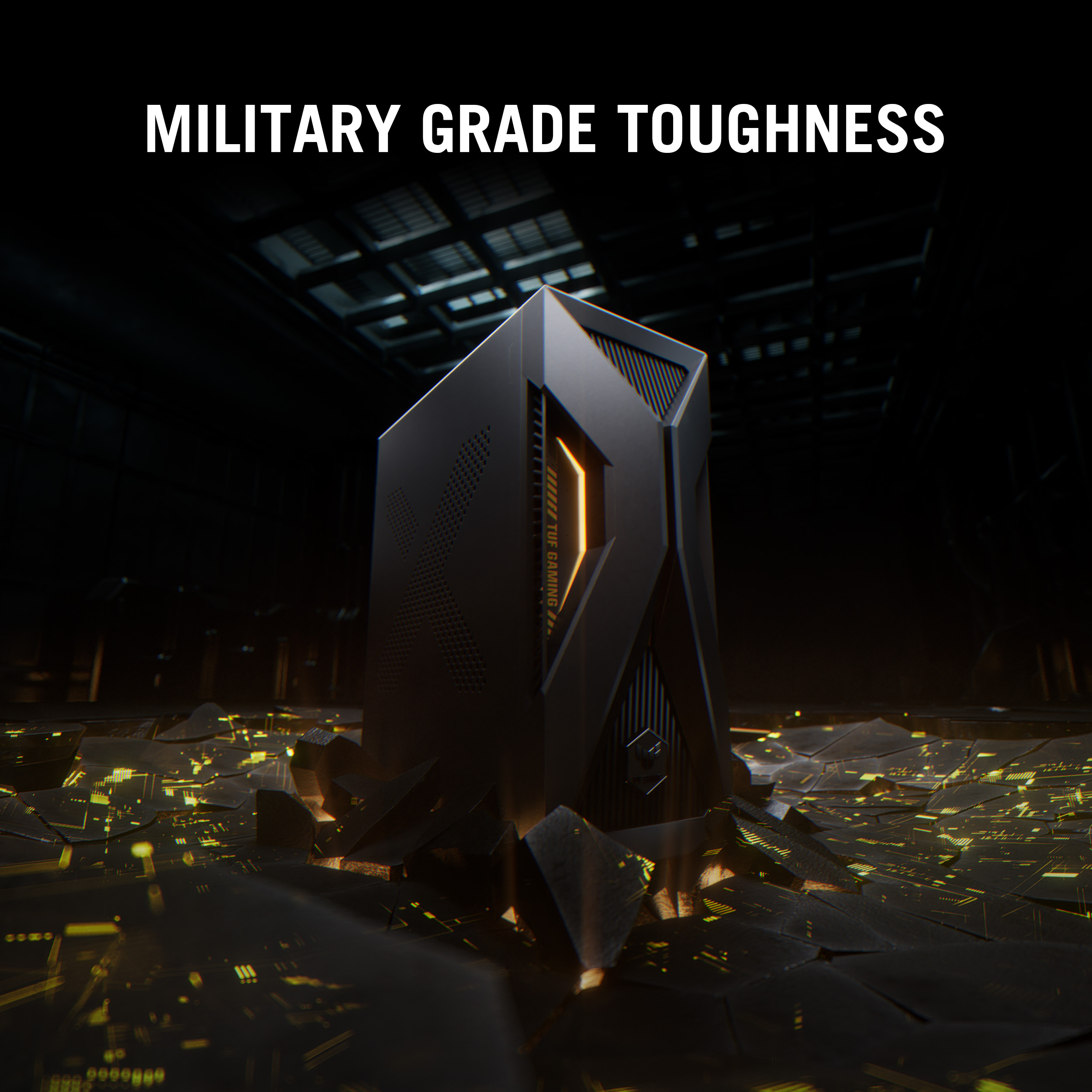 A black gaming PC stands on a cracked floor beneath the text MILITARY GRADE TOUGHNESS.