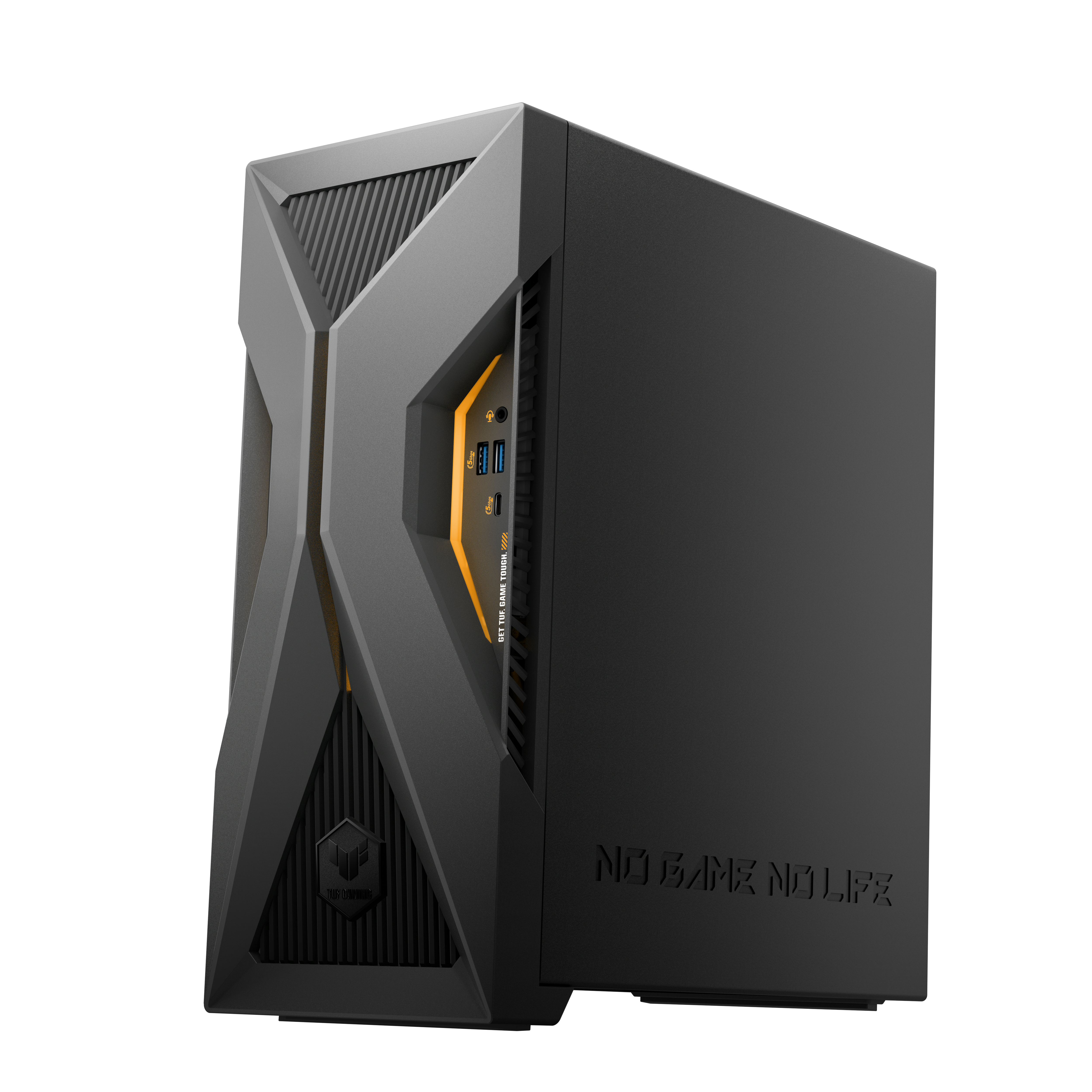 Black Asus TUF Gaming PC tower with aggressive design, orange accents, and the text NO GAME NO LIFE.