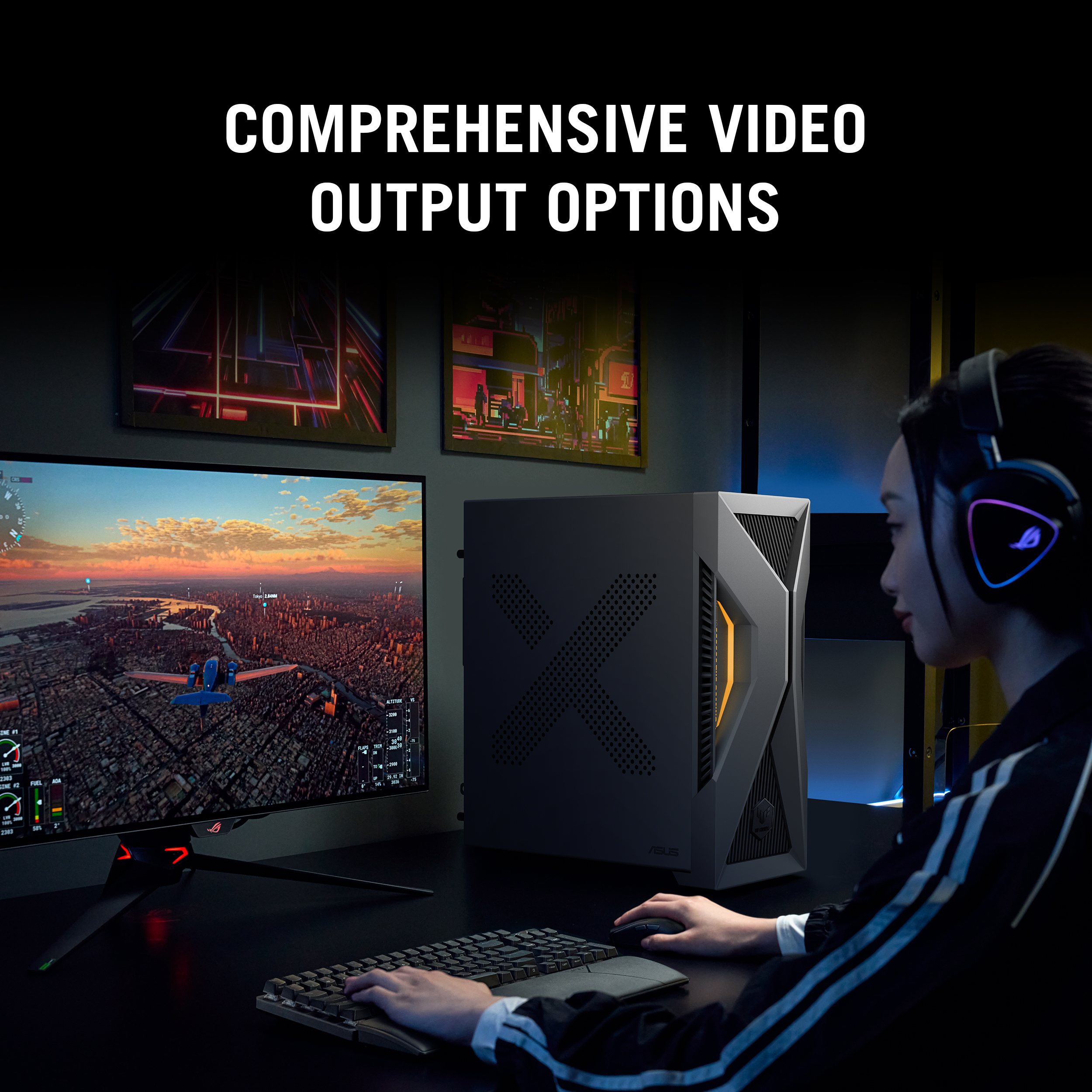 A gamer sits at a desk with a PC tower, monitor, keyboard, and headset, playing a flight simulator.