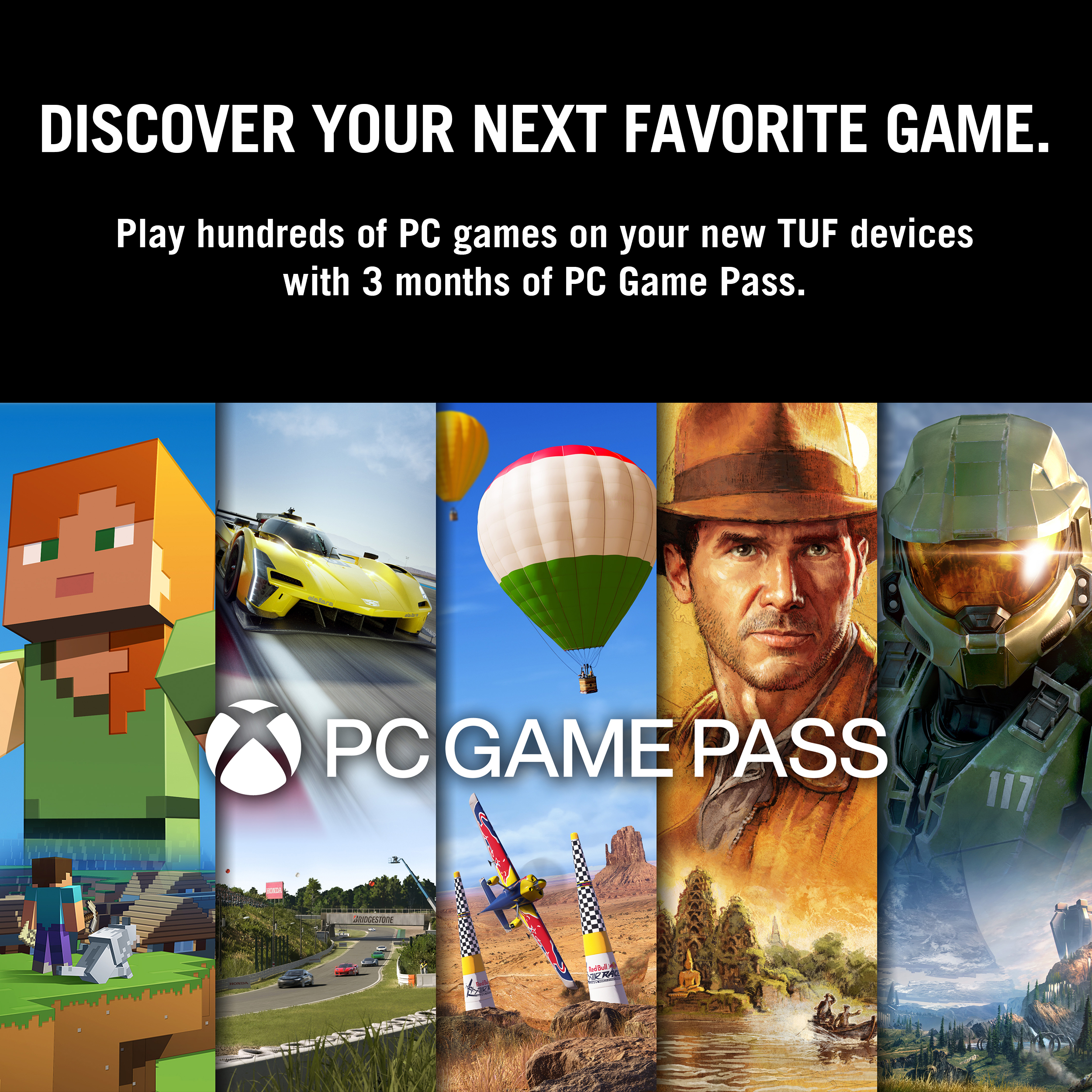 PC Game Pass ad featuring Minecraft, race car, hot air balloon, adventurer, and Master Chief.