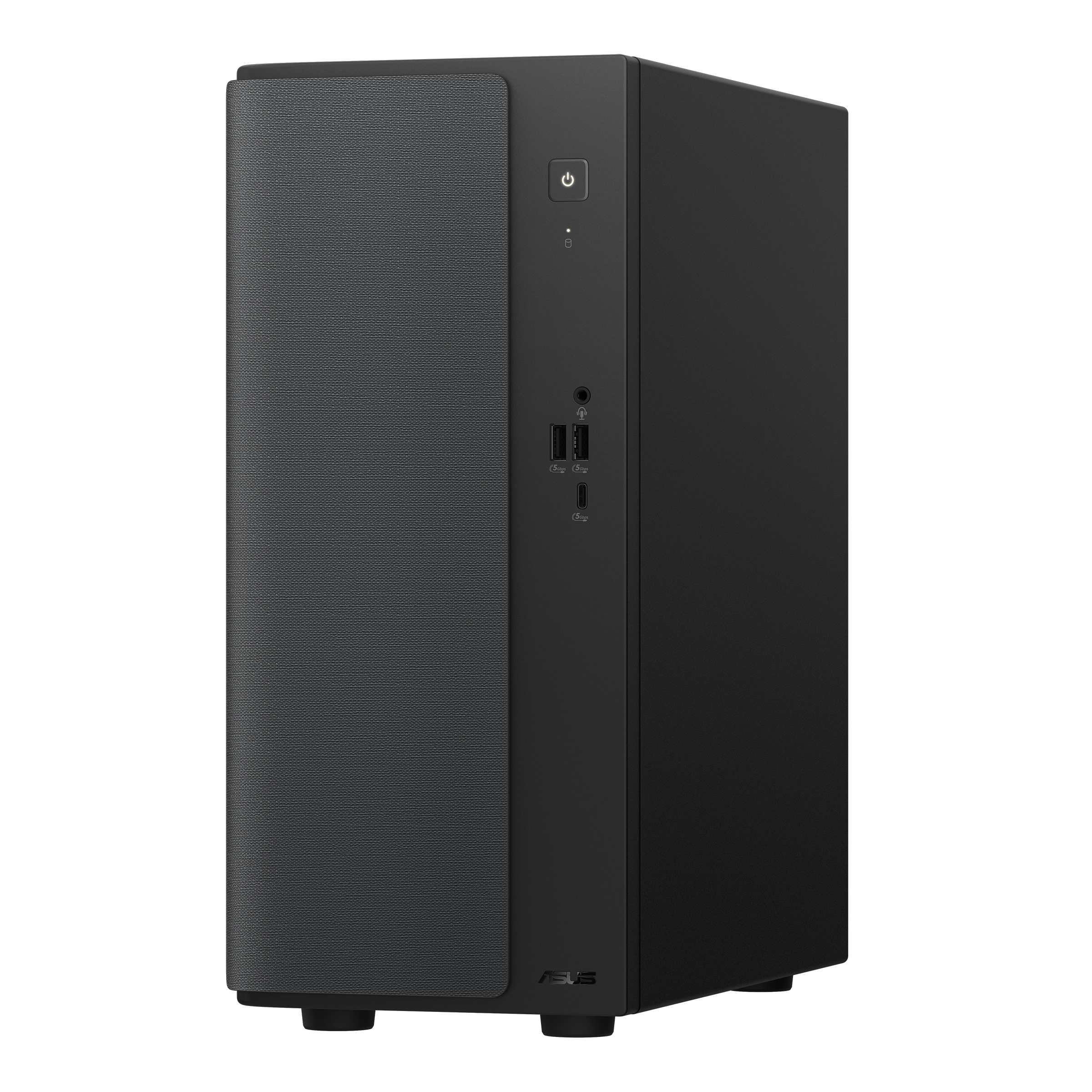 Black Asus PC case with fabric front, power button, USB ports, and audio jack.