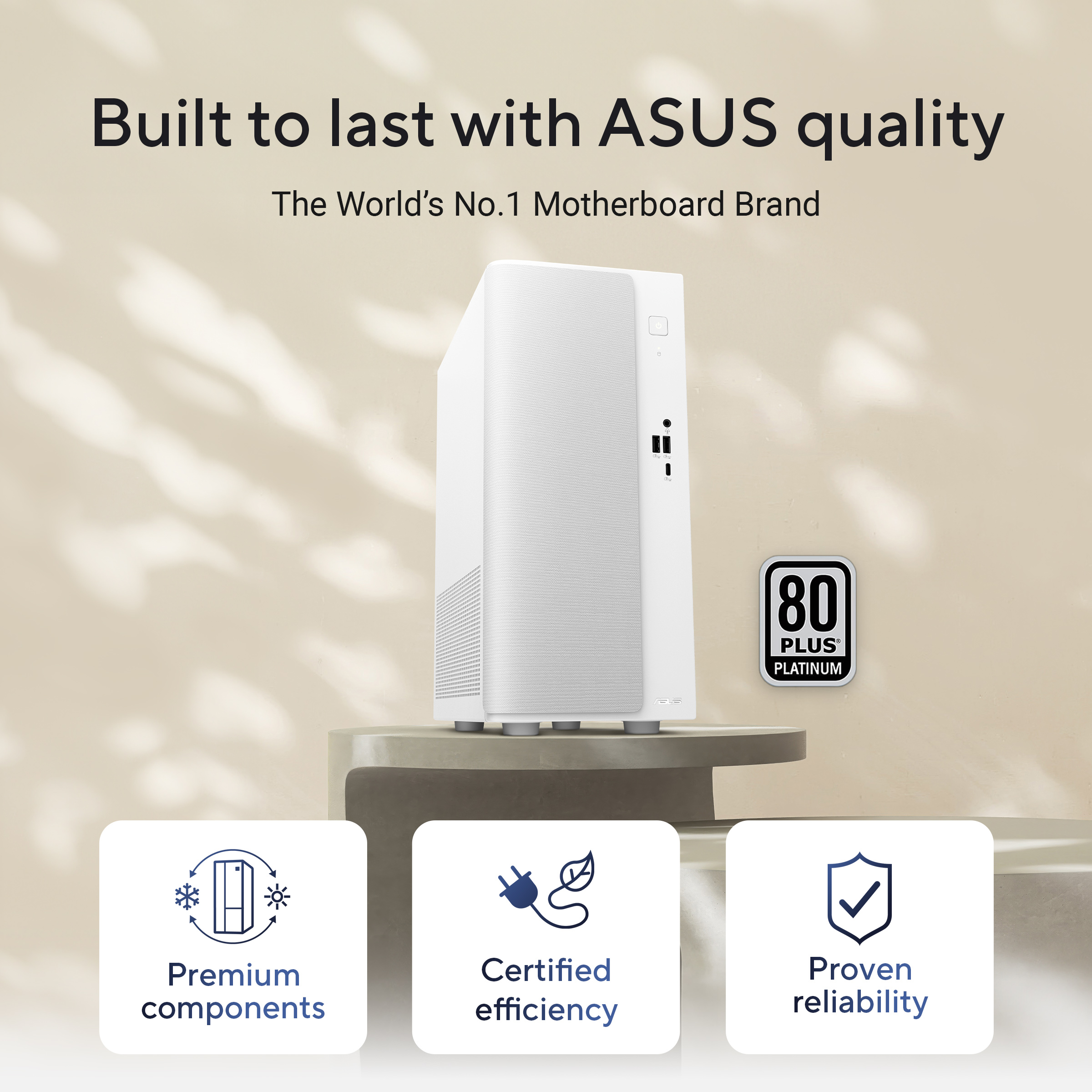 Promotional image for a white ASUS PC with text and feature icons against a light background.