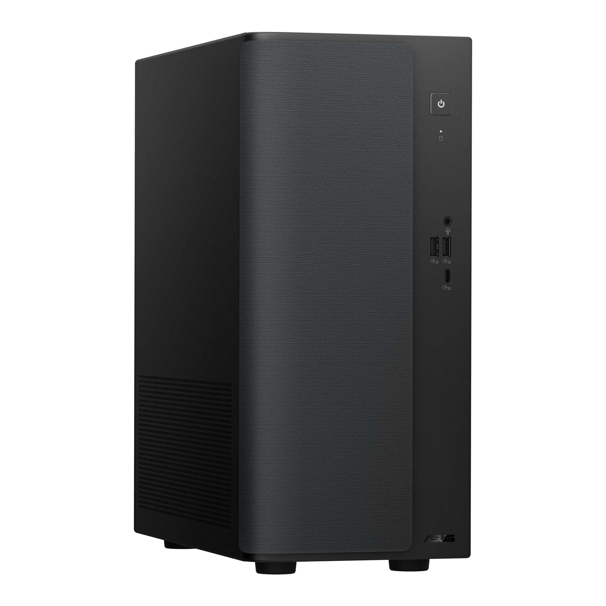 A black desktop computer case with a mesh front panel, power button, USB ports, and audio jack.