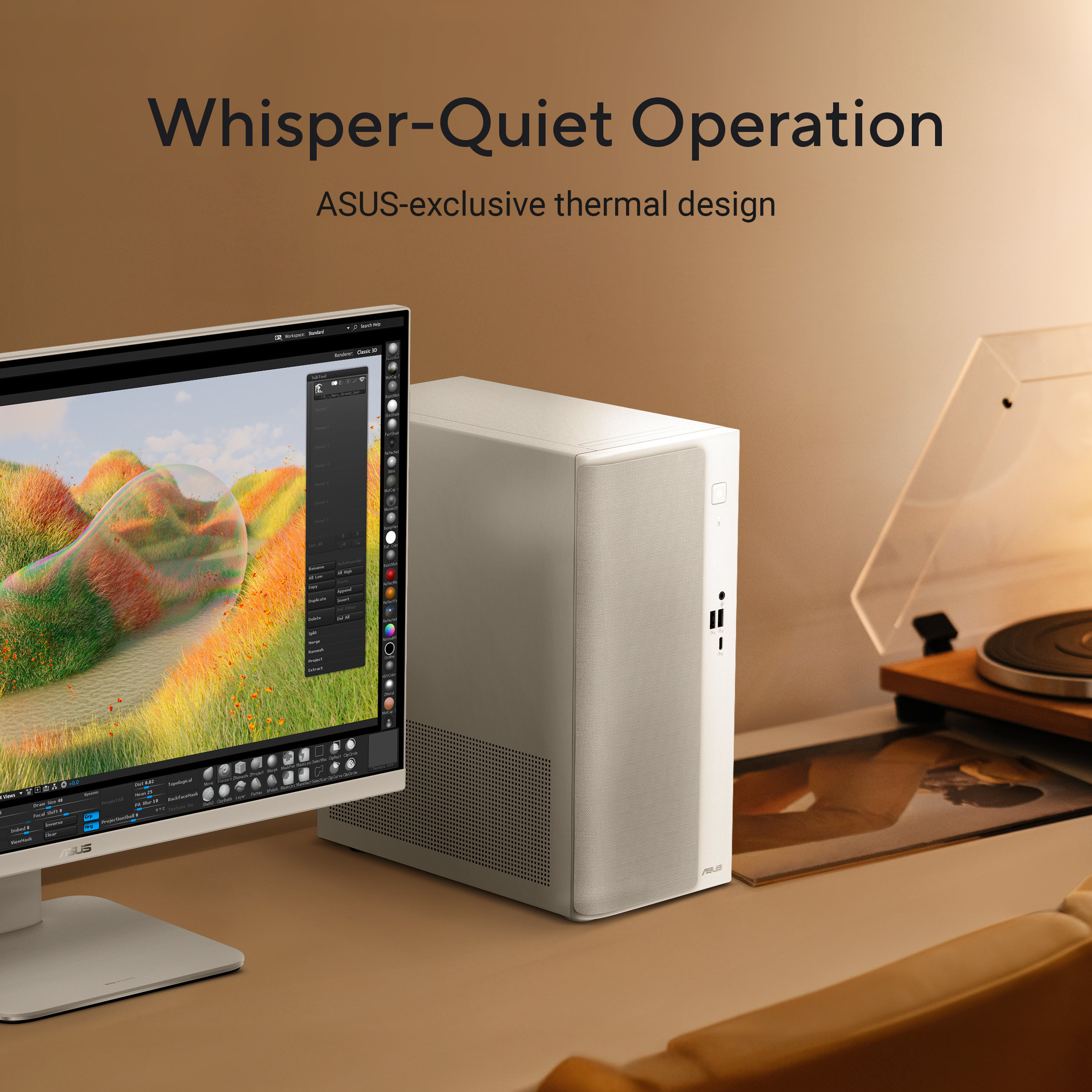 A white ASUS PC tower and monitor sit on a wooden desk next to a turntable.