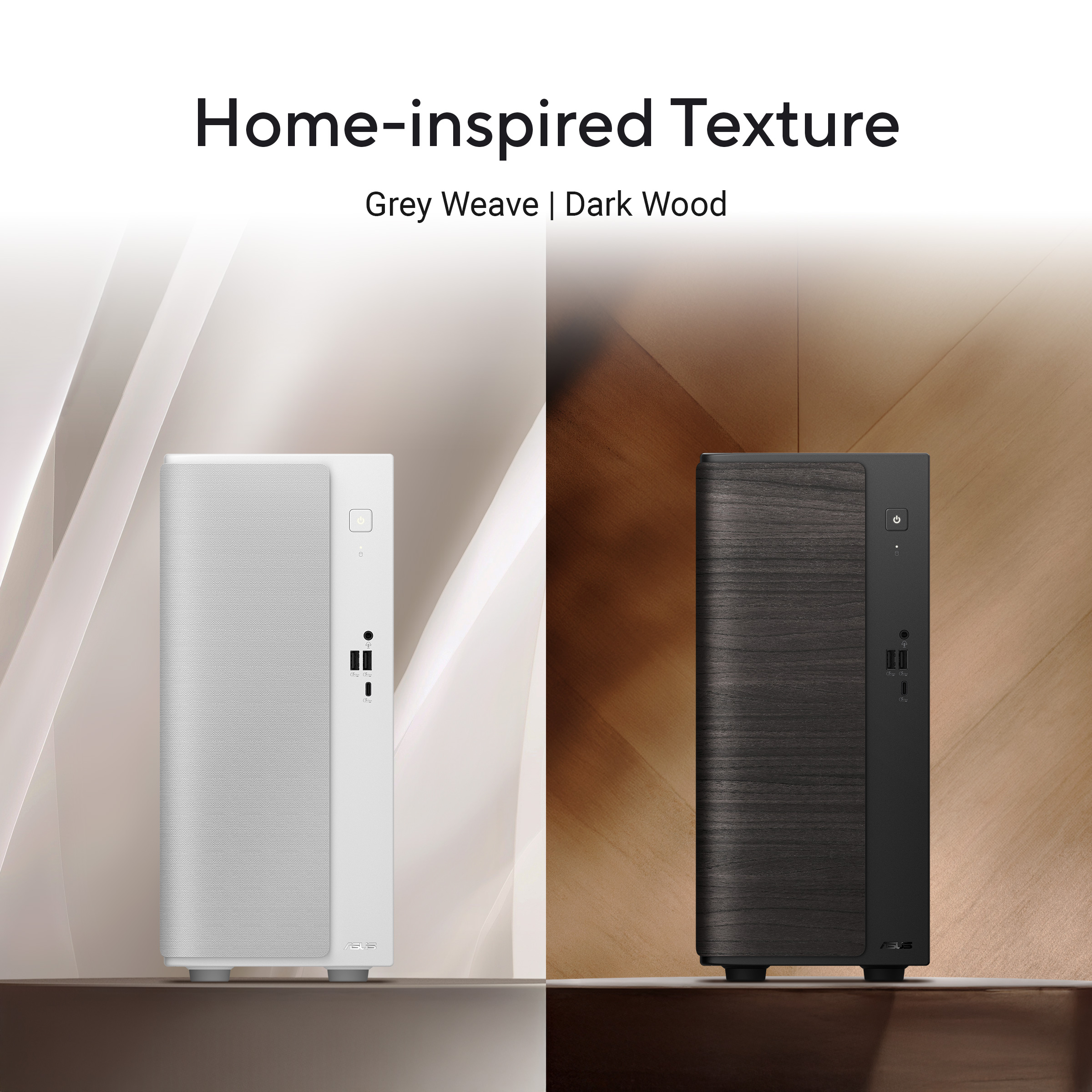 Two PC cases featuring home-inspired textures: one in grey weave and white, and the other in dark wood and black.