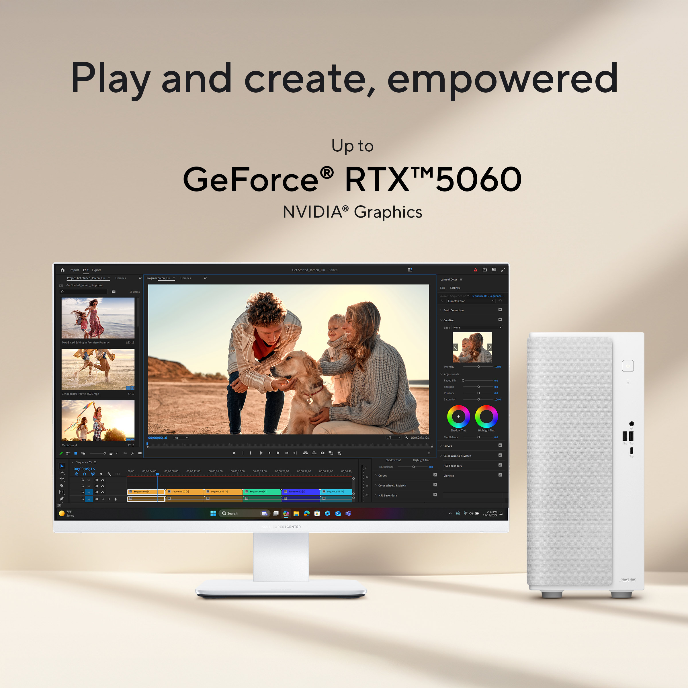 Computer monitor displaying video editing software next to a white desktop tower.