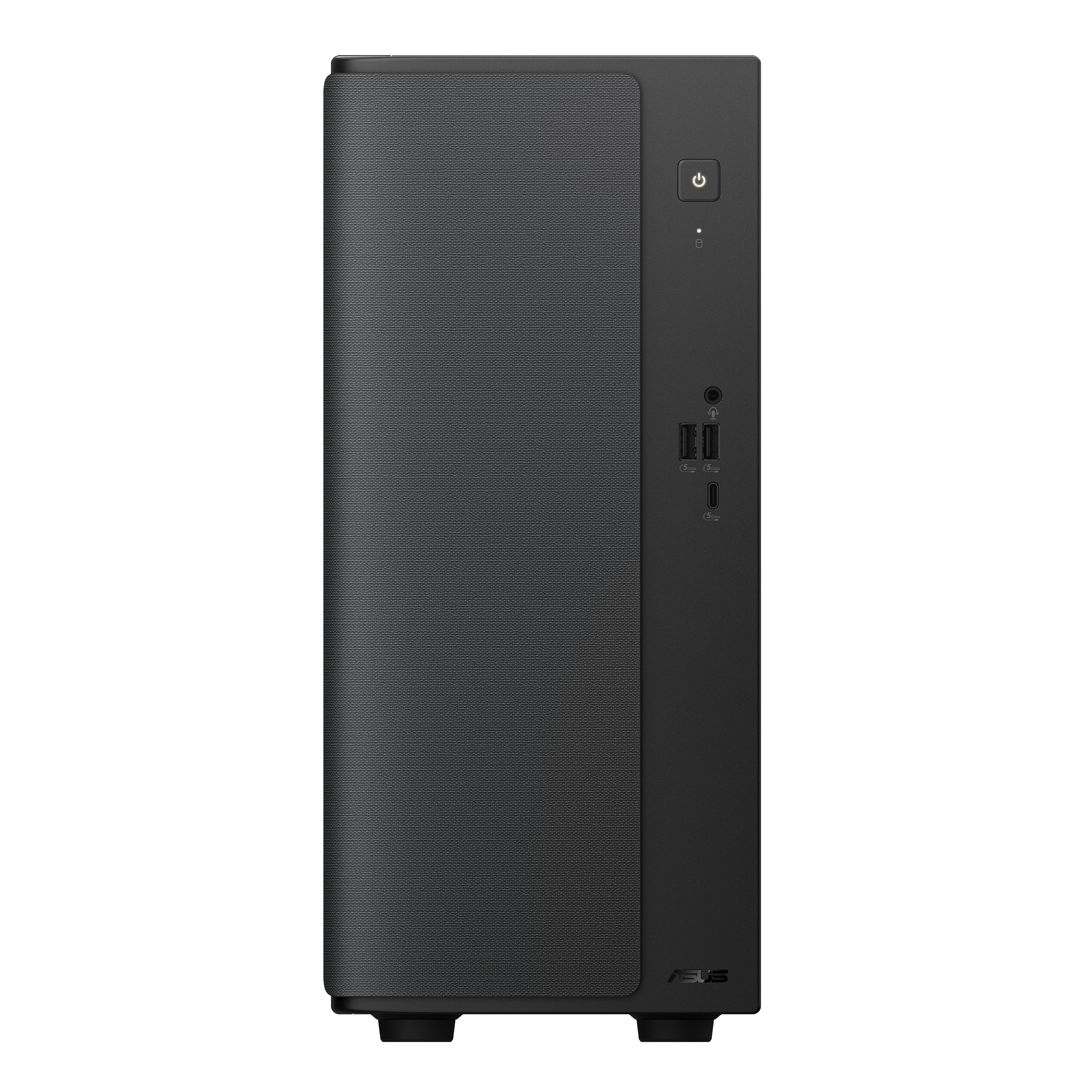 Front view of a black Asus desktop PC case with a textured mesh front panel, power button, USB ports, and audio jack.