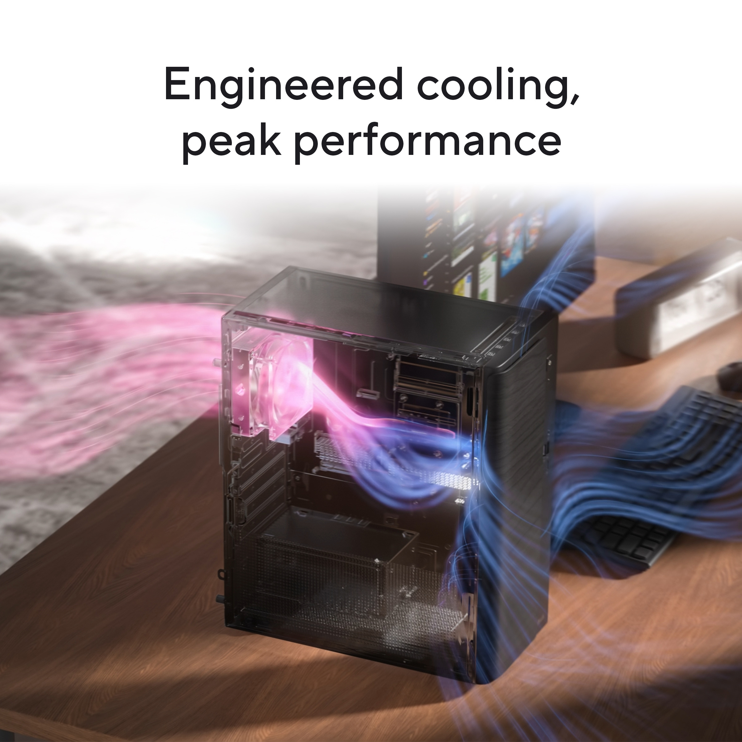 A black PC tower on a wooden desk showing pink and blue airflow lines for cooling.