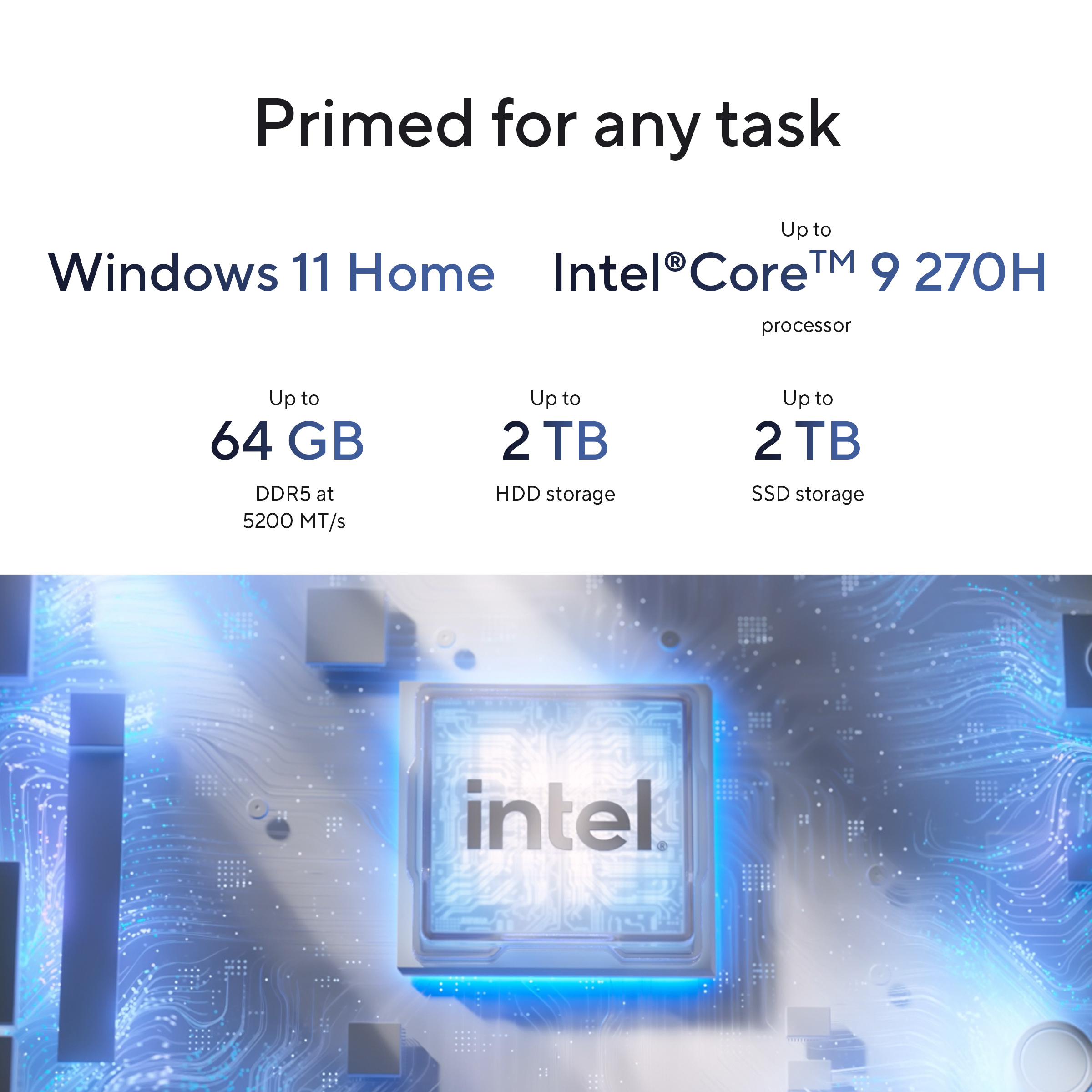 Tech specs showing Windows 11, Intel Core i9 processor, up to 64GB RAM, and an Intel CPU background.