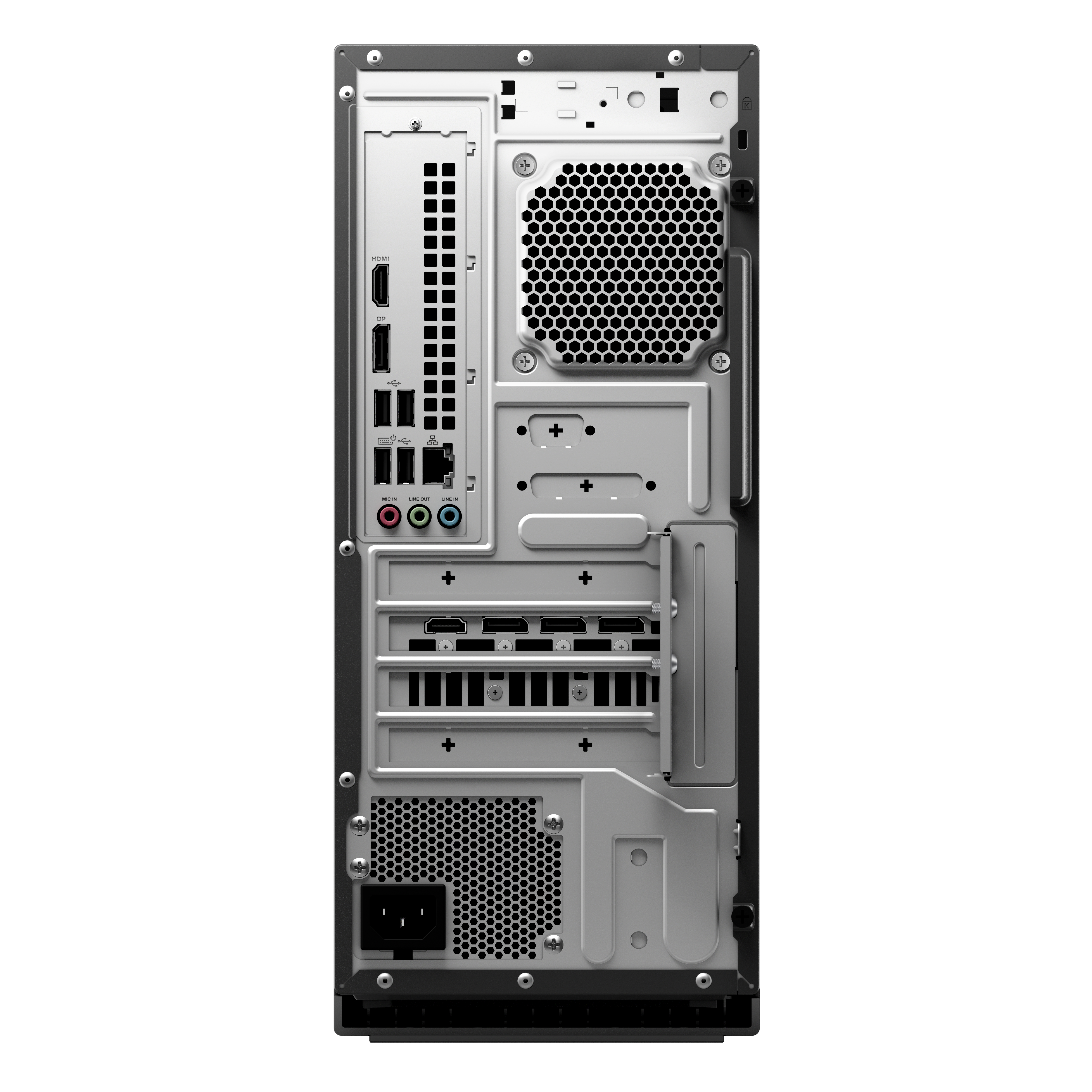 Rear view of a desktop computer tower with various ports, expansion slots, and a power socket.
