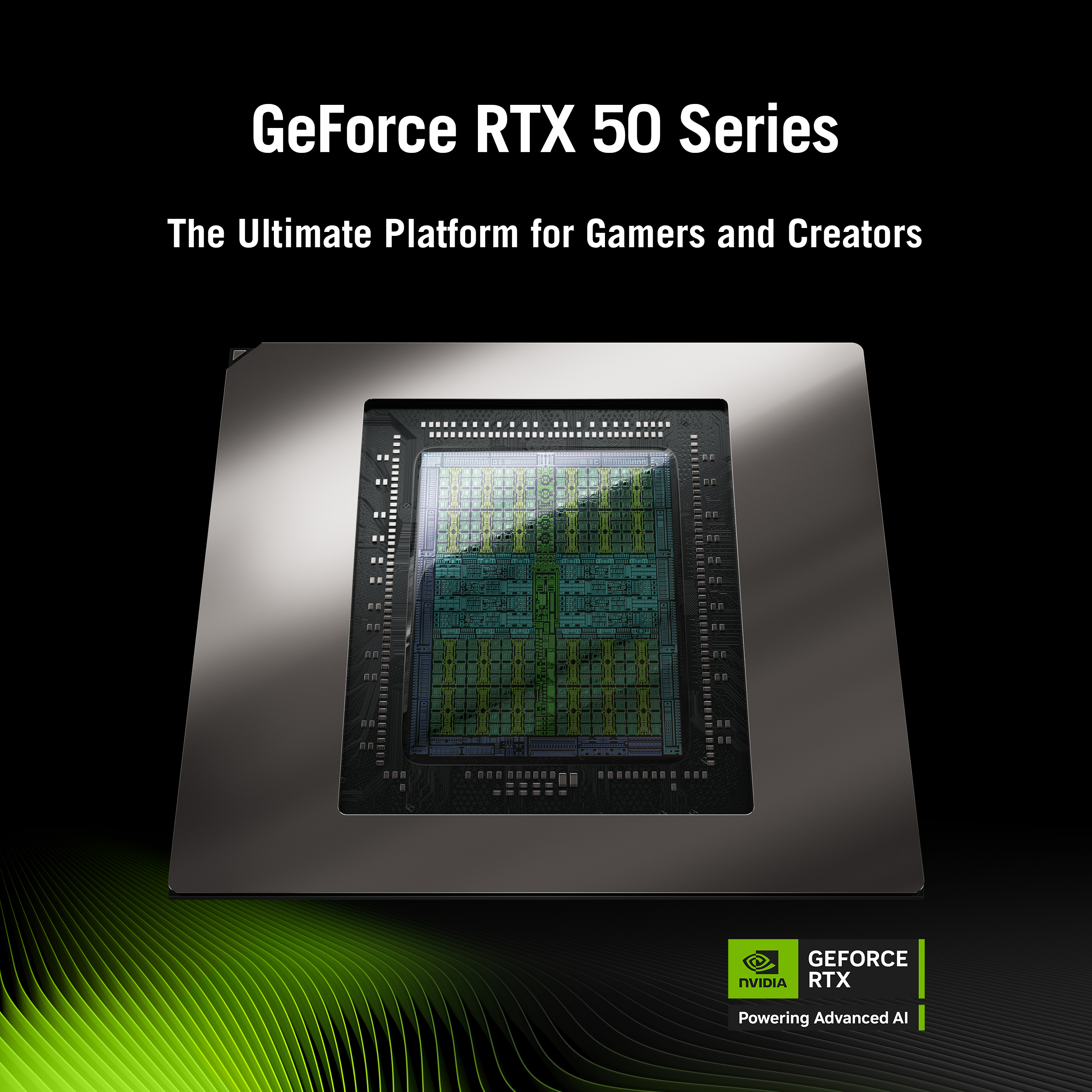 GeForce RTX 50 Series chip with green and silver details, displayed against a black background with text.