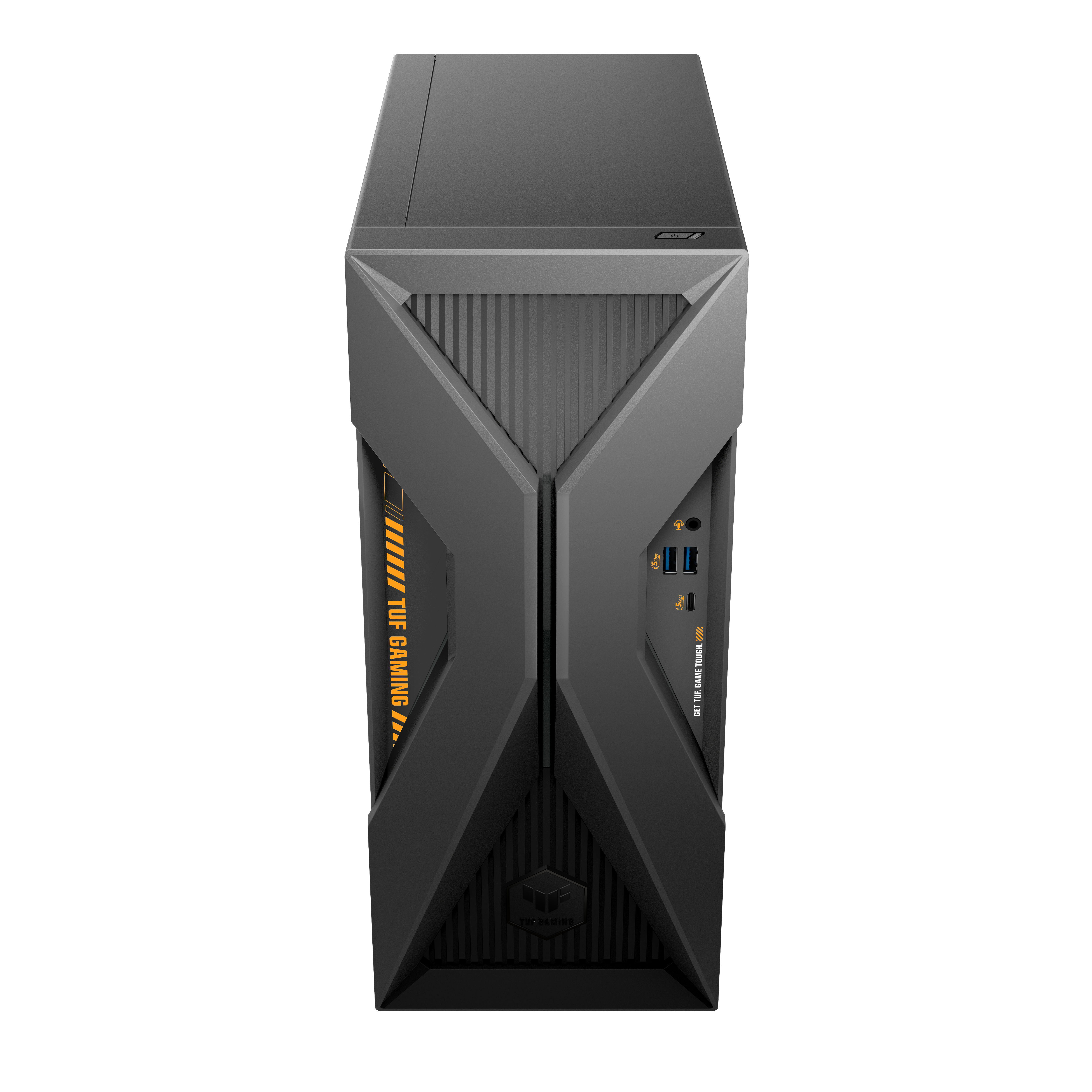 A black Asus TUF Gaming desktop PC tower viewed from the front, featuring geometric design elements and USB ports.